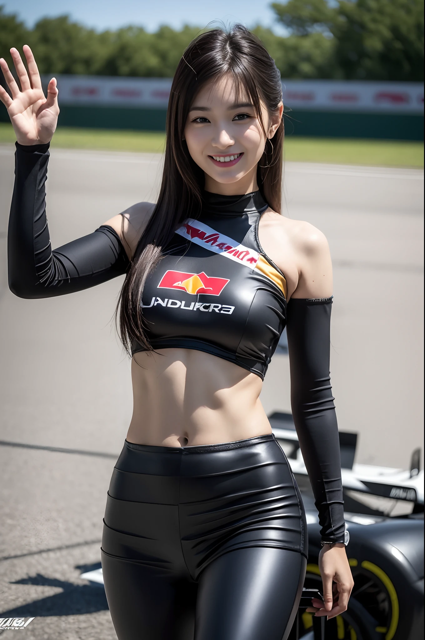 (((one shoulder gridgirl costume))),(((waving))),(((midriff peek))),(((show underboob ))),(((bare inner thigh))),(((show Formula One car))),ulzzang-6500-v1.1, (Raw photo:1.2), (Photo realistic:1.4), a beautiful detailed girl, extremely detailed eye and face, beautiful detailed eyes, ultra-detailed, High resolution, top-quality, masterpiece, highly detailed, 8k wallpaper, Wonderful, finely detail, top-quality, Light on the face,电影灯光,1girl in,(auto race track),Beautiful eyes,smile,Opening Mouth