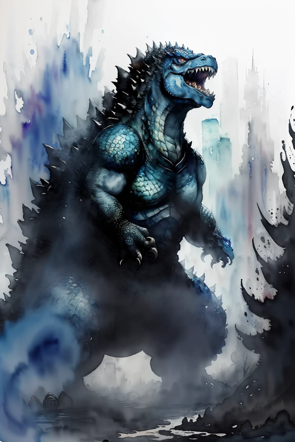Make your images look like Halloween monsters.、(masterpiece)、(top-quality:1.1)、(ultra-detailliert:1.1)、Best Illustration、detaile、(watercolor paiting:1.4)、(handdraw:1.2)、(Watercolor brush bristles)、Godzilla-like monsters with scales all over their bodies、scared expression、