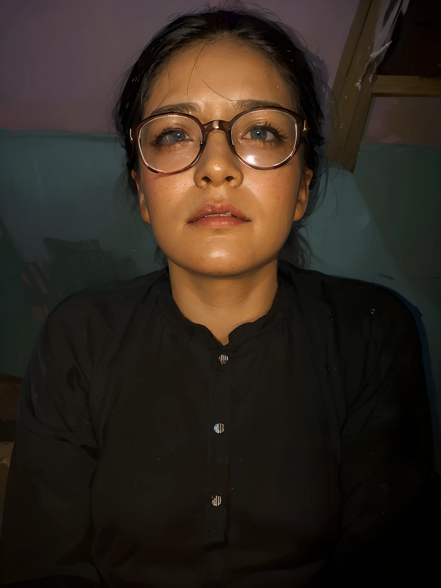 20 yo woman , edge Orgasm, Woman with mouth open and eyes closed、Young, A dark-haired、NSFW, light green hijab, alot of cum on her face, glasses, mouth fill with cum