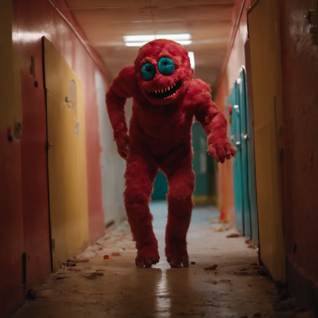 A humanoid monster made of candy runs to the camera, Perspectives, The monster is in an abandoned and dirty corridor, There were several people lying on the floor of the corridor, Horror movie style, Camera DSLR camera, A high resolution, 4K