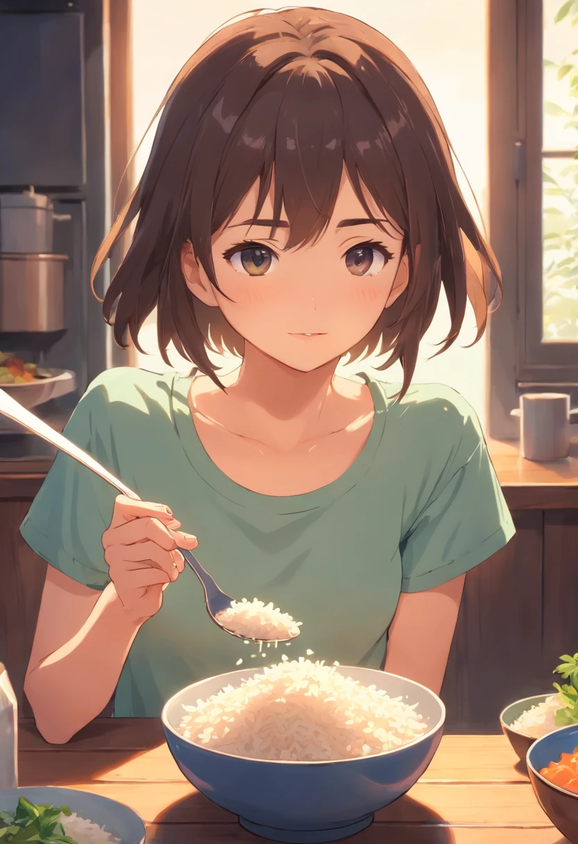 Young woman with short hair Japan、Eating rice with a spoon、slender、tshirts、