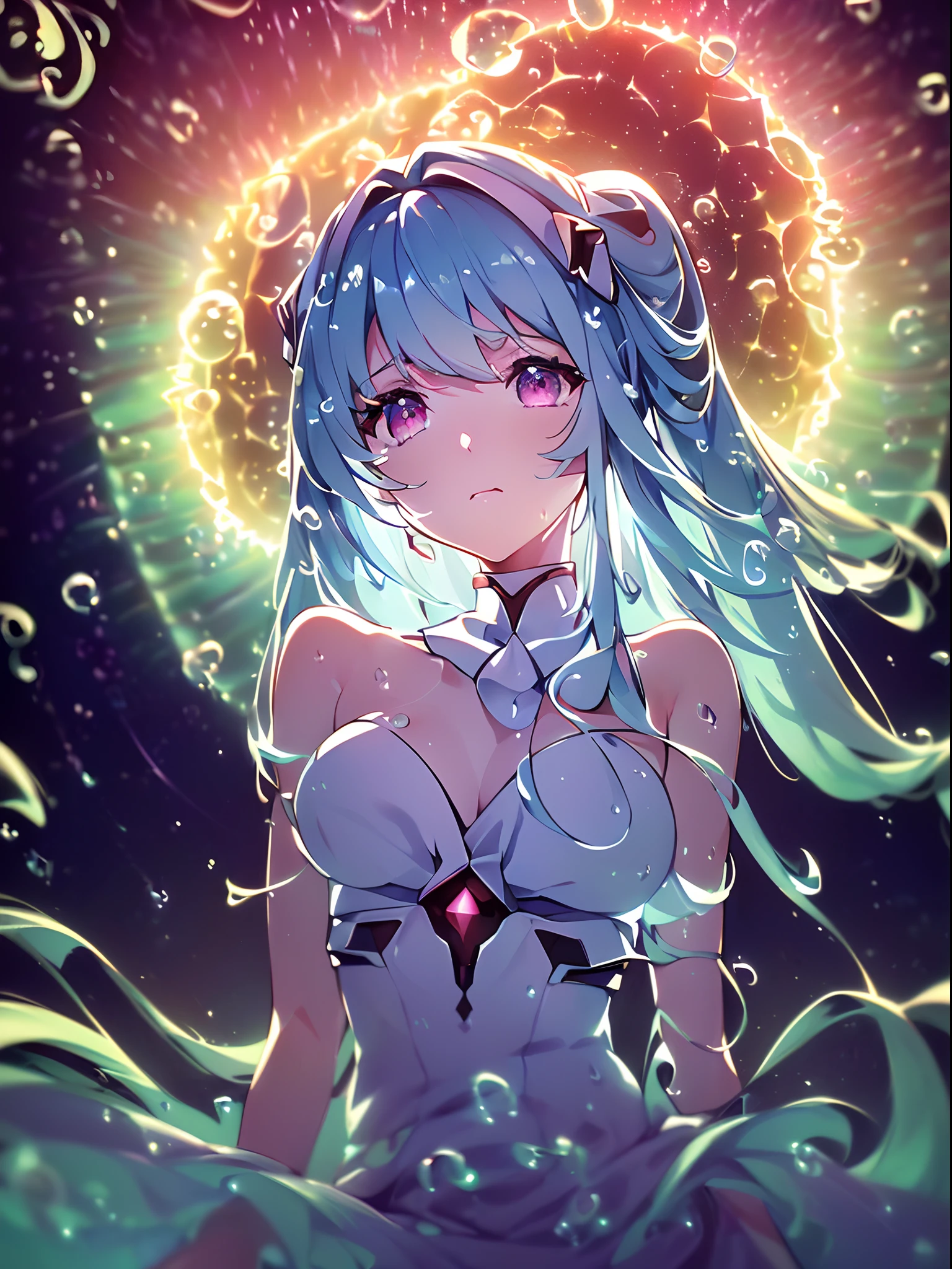 (((ayanami rei))),((((BREAK,Design an image with a fisheye lens effect, capturing a wide field of view with a distinctive, curved perspective.BREAK,)))((1girl:1.1,solo,))(masterpiece,best quality, official art,aim to viewers, beautiful and aesthetic:1.3),((ultra high res,golden ratio,)) (4k),((seen from above,dawn,rainbow,in the ocean,raindrops, dreamland,beautiful sky,detailed aurora)),((((spiral bubbles,))))dynamic lighting, cinematic lighting,(fantasy,blur image,((psychedelic)),((dreamy)),((holographic projection,))radiosity, physically-based rendering,automatic white balance), technological sense,Amazing,sharp focus,detailed background,rich background, (((high detailed skin,)))dynamic lighting,intricate detailed outfit,glowing eyes,watery eyes,((long hair,))deadpan,skiny,slender,smooth beast,white lolita dress,headgear,(masterpiece sidelighting),(bishoujo,lustrous),(sky blue hair,pink eyes,）[[delicate fingers and hands:0.55]::0.85],(detail fingers),(((Ultra Photographic Quality,ultra wide angles)))),((incredibly absurdres,photoreality)),(realilty:0.4),((micro distance,bust,))diamond rings,((extremely_detailed_eyes_and_face)),(disheveled hair),FilmGirl,(dynamic configuration: 1.2),Brilliant,drifting Nebula,ethereal, glossy ,striking contrast,high saturation