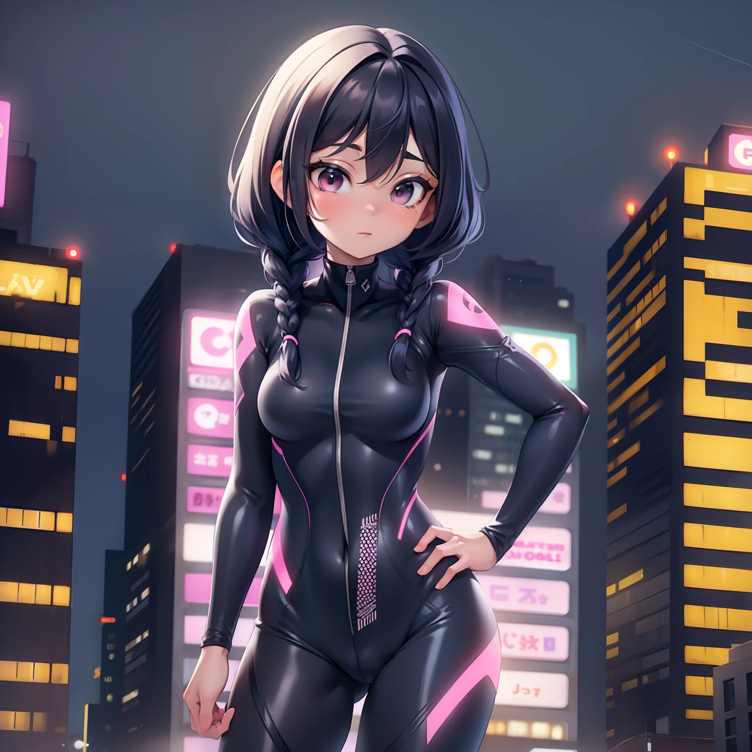 girl, braided black hair, a neon tightsuit, city background