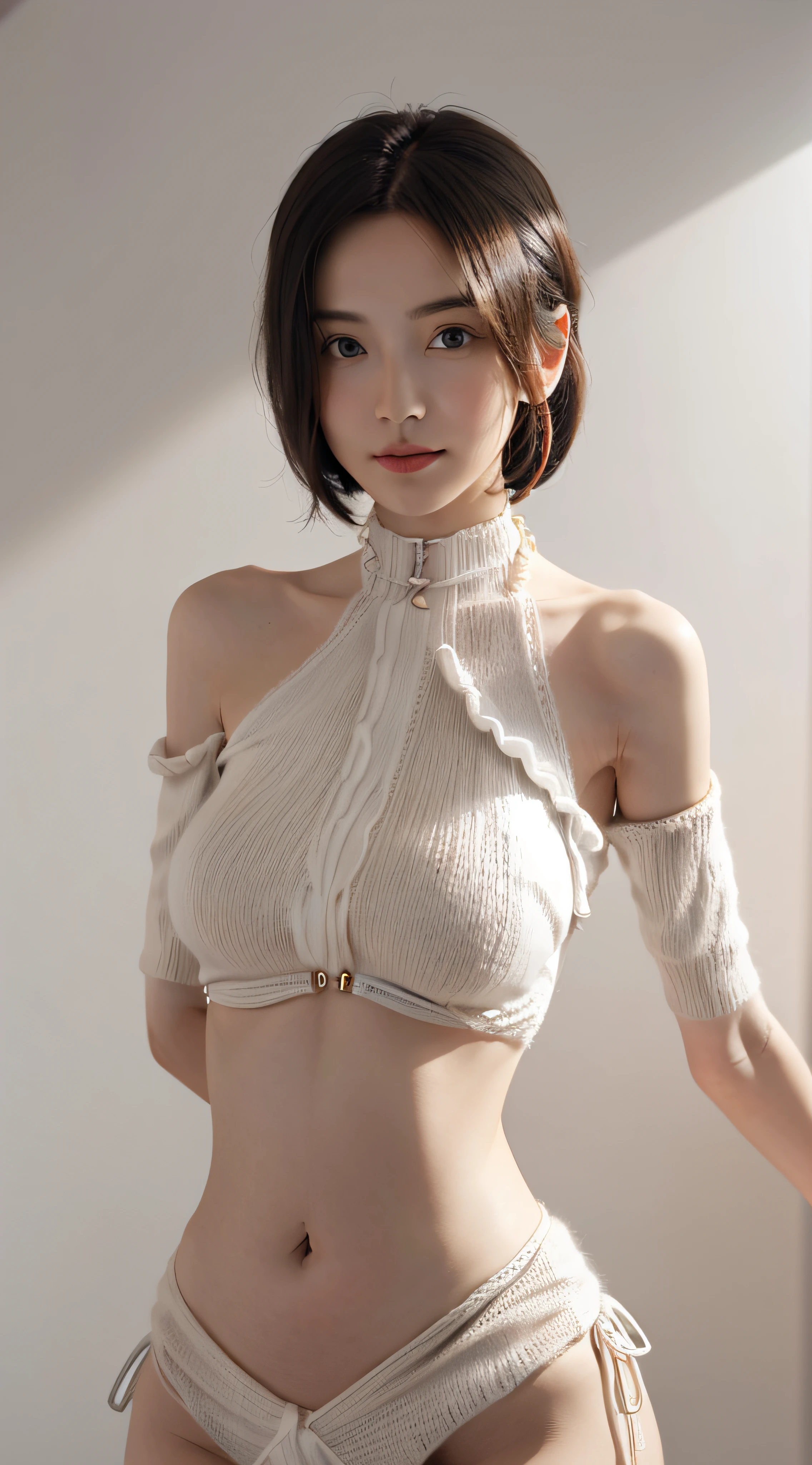 1 woman, white background, (Highly detailed body, very detailed face, top quality:1.4), (25 year old woman), looking at viewer, A smile with visible teeth, I can't see her hands, (very short layered hair:1.2), (Her thighs are very beautiful:1.3), (8 thousand:1.5), (lovely knit:1.45), (beautiful layered skirt:1.5), (skin glow:1.3), 