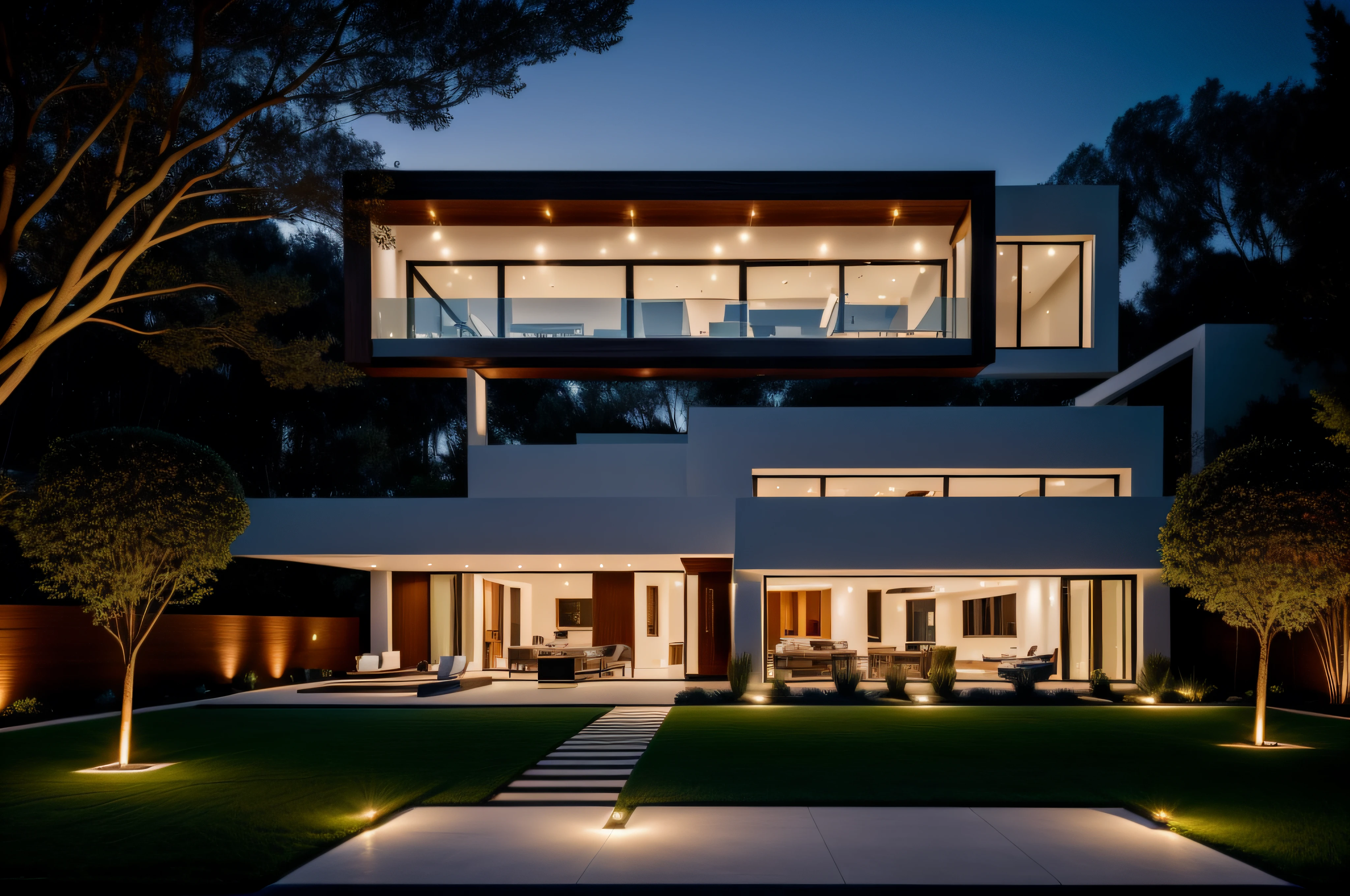 "luxurious modern house with elegant garden lighting"