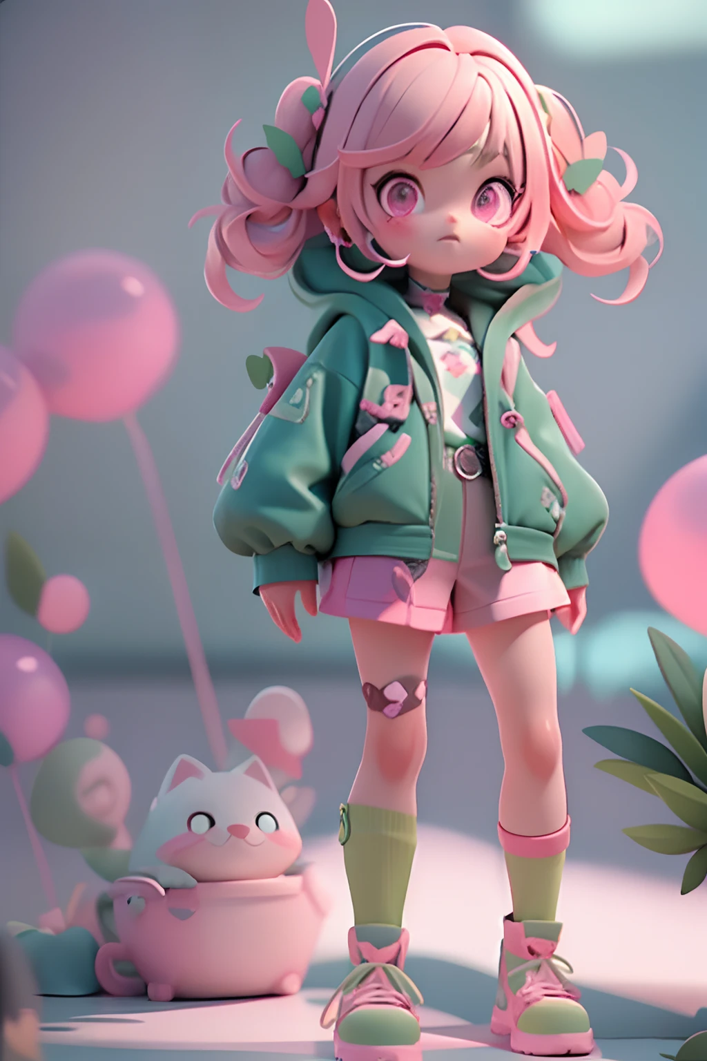 a close up of a doll with a green jacket and pink shoes, a 3D render inspired by Yanjun Cheng, trending on polycount, digital art, render of a cute 3d anime girl, anime styled 3d, cute 3 d render, stylized anime, 3 d render character art 8 k, cute character, 3 d render stylized