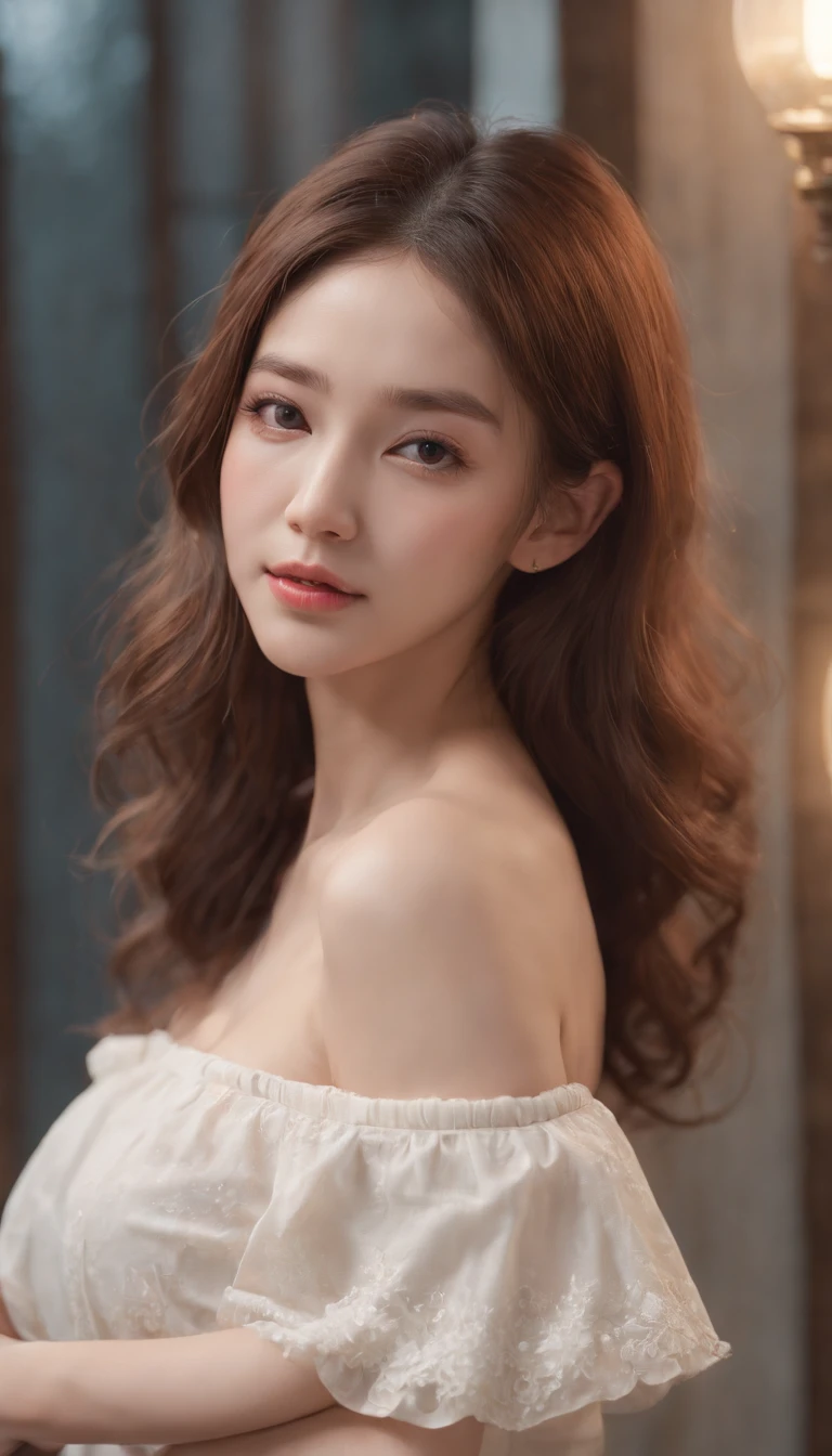 ((From below)), ((full bodyesbian)), ((Realistic)), (((off-the-shoulder clothes))), 1girll, Pose for a picture, Korean model, (An extremely delicate and beautiful work), (Masterpiece),(The shirt, short skirt), Highly detailed, curlies, long whitr hair, Delicate pearl necklace, Delicate earrings, Simple blurred background, Extreme detail description, Ultra-fine painting, Delicate face, slim toned body, Fine collarbones, mix4,(8K, RAW photo, best qualtiy, Masterpiece:1.2), the night, nevando, Professional lighting, フォトンマッピング, ラジオシティ, Physically-based rendering, (correct hand), (anatomy correct)