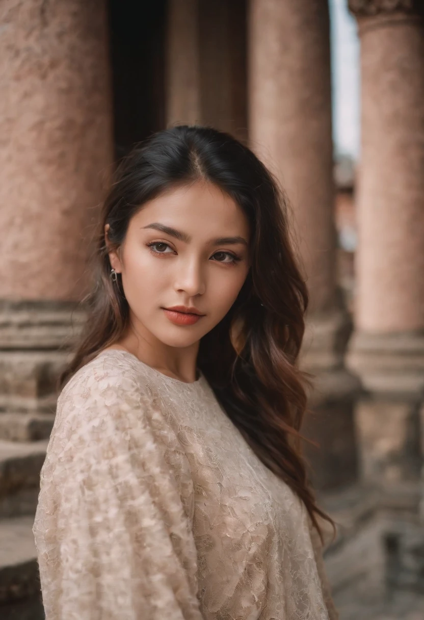 tourist, in the style of rap aesthetics, girl,Nepal,make for a memorable photo. The background is to the ancient temples and palaces of Kathmandu ,photo taken with fujifilm superia, charly amani, oversized portraits, babycore, upper body