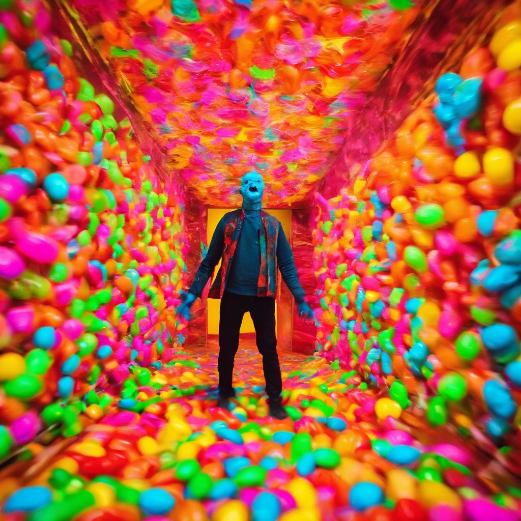 A humanoid monster made of candy runs to the camera, Perspectives, The monster is in an abandoned and dirty corridor, There were several people lying on the floor of the corridor, Horror movie style, Camera DSLR camera, A high resolution, 4K