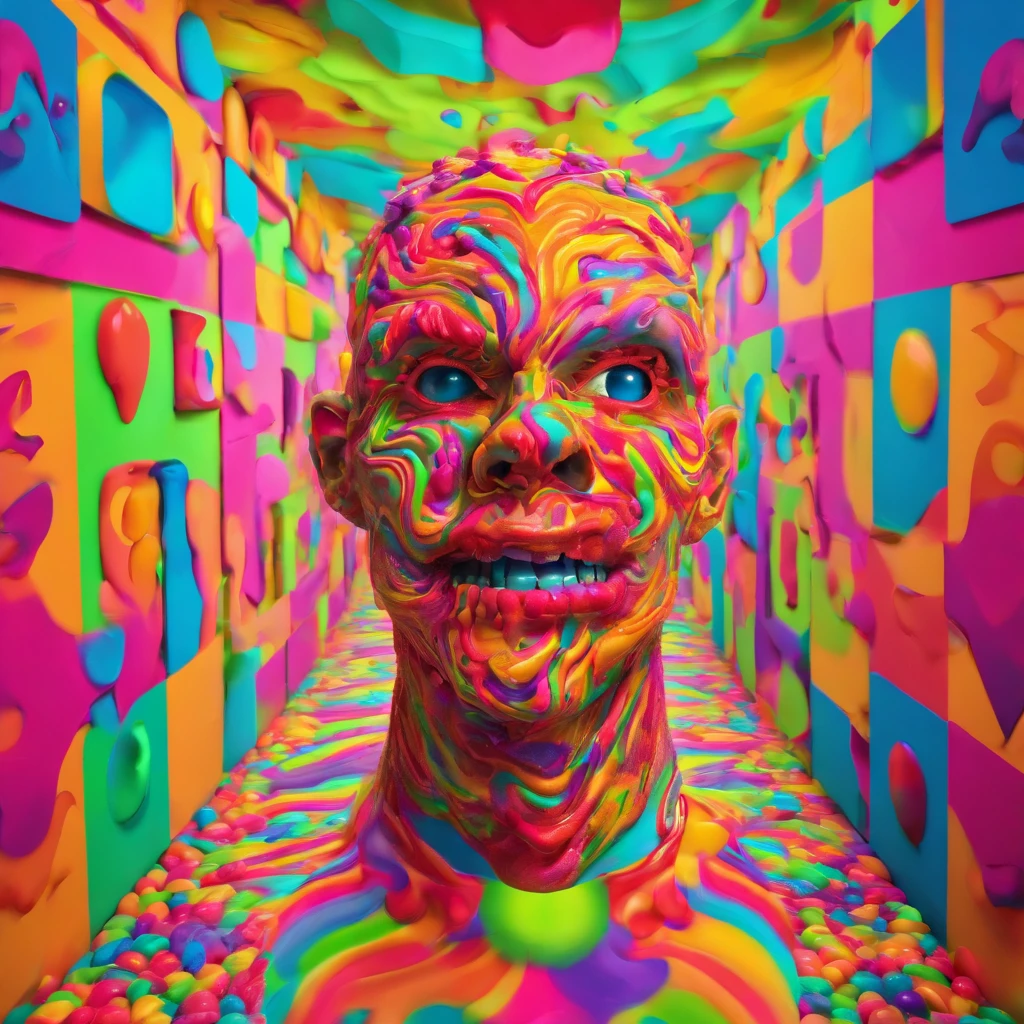 A humanoid monster made of candy runs to the camera, Perspectives, The monster is in an abandoned and dirty corridor, There were several people lying on the floor of the corridor, Horror movie style, Camera DSLR camera, A high resolution, 4K