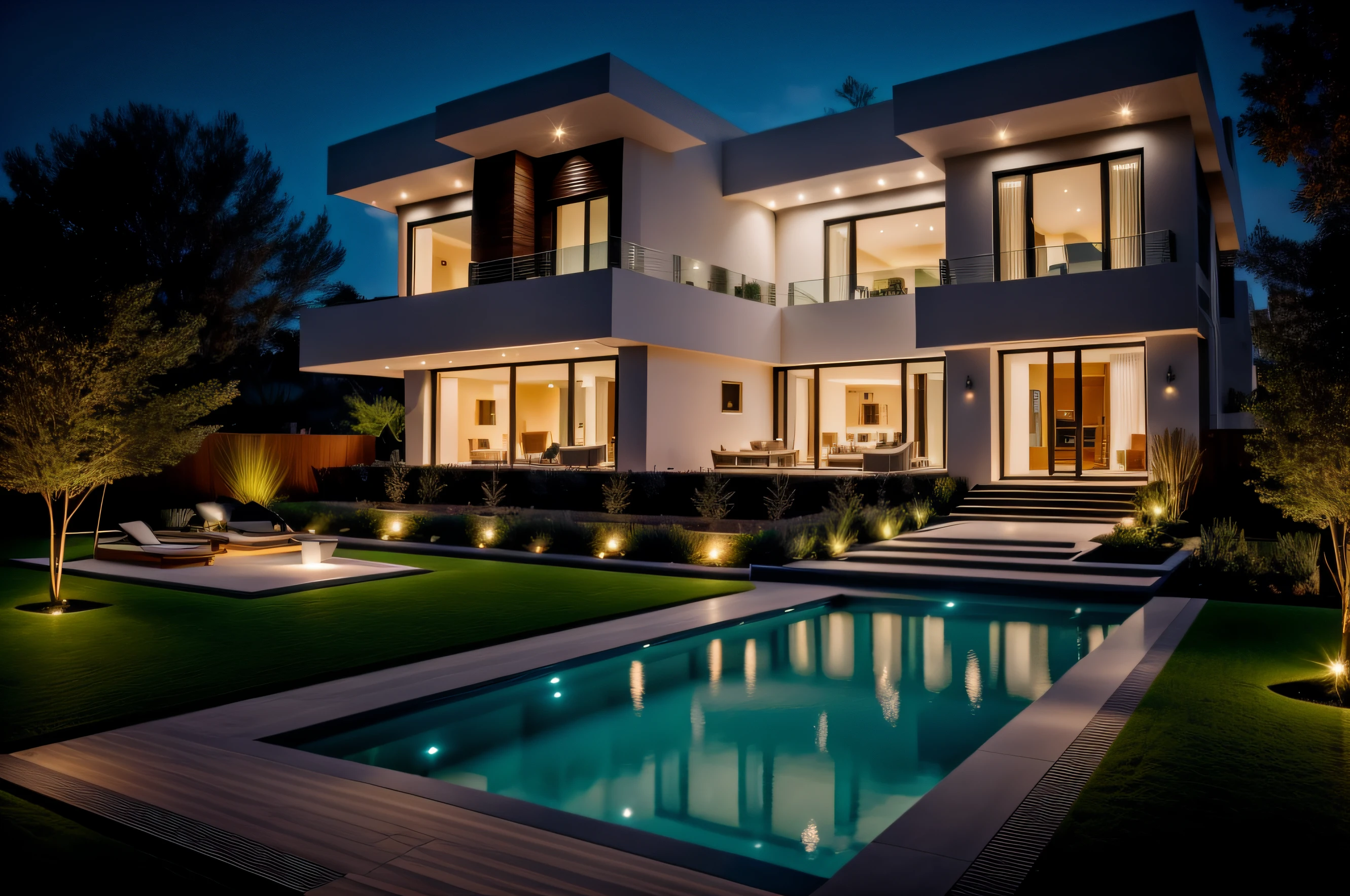 "luxurious modern house with elegant garden lighting"