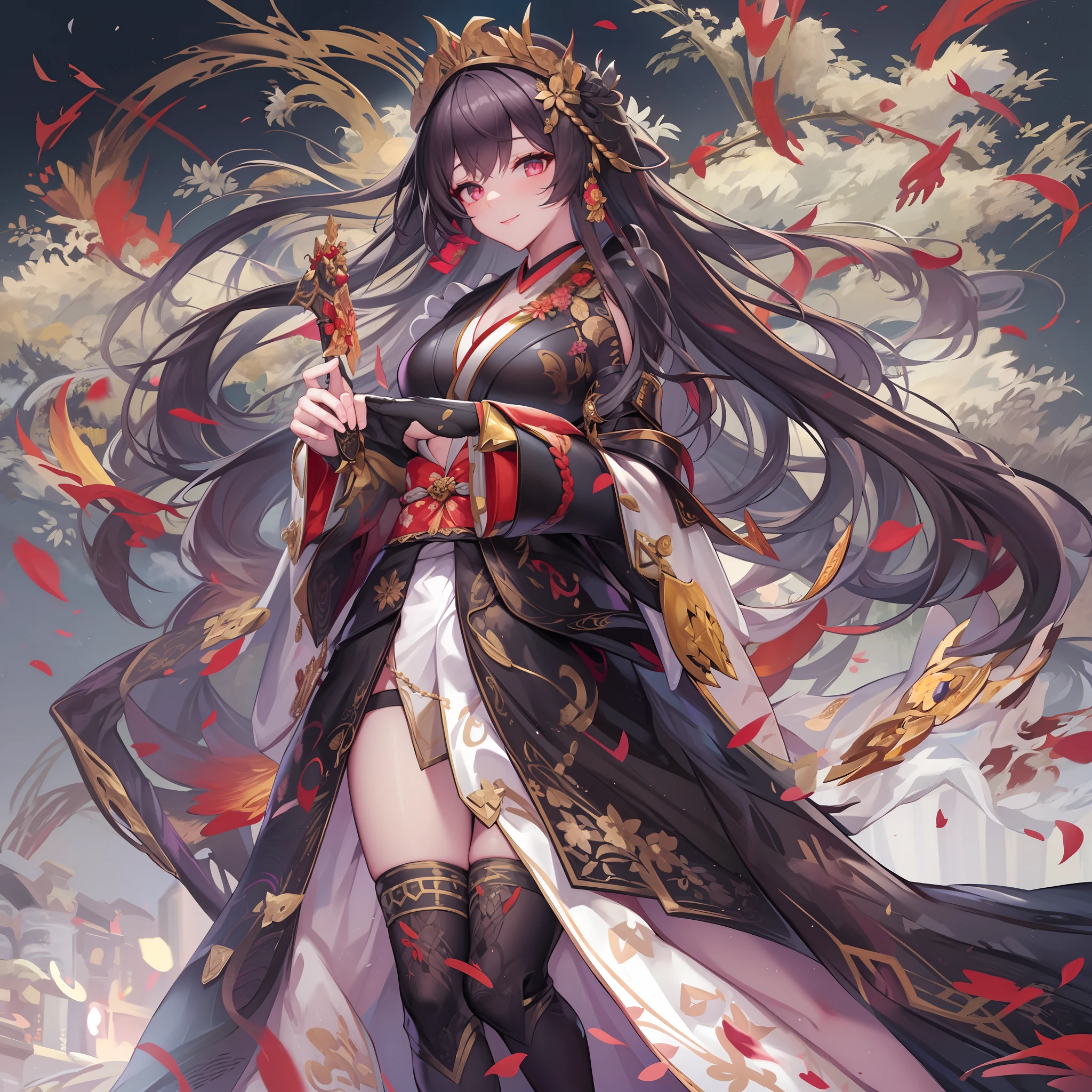 1girl in、nightcity、Sateen、Kimono without sleeves、A dark-haired、Holding a weapon with blood on it、Looking at the camera、Cherry blossoms are dancing,Unusually resistant、red blush、Looks distressed、Pleasant face、shrine maiden、valkyrie、Angel wings、a navel、sideboob barbosa、with an intricate、Particles of light、thighs thighs thighs thighs、shinny skin、Perfect litthing、1girl in、looking at the viewers、Winged headgear、pelvis curtain、A smile、(masterpiece)、(top-quality)、Very gigantic-breasts、maternal、Porcelain Skin、Very long hair、hair wavy、Royal sister,femele,A queen,putting on a crown,There are a lot of golden lightning around,sitting in a throne,Bangs cover the eyes,Black Suspender Socks,Black Lace Top,,High jump,Grab Erlang's leg,,Black Silk Top,married woman,mothers,domineering,smil,The corners of the mouth are raised,Red and gold eyes,Black silk erotic underwear,Black top,Black Silk Gloves,I have a gorse tattoo on my chest and thigh,There are many golden dragon scales on the arms,There are many golden dragon scales on the neck,Bright eye,dragon eyes,Snake's Eye,Upright pupils,There are golden stripes on the clothes,There is a golden pattern on the clothes,The socks have a golden pattern,tall figure,Expose the outside of the chest,Twisted blade hanging over the shoulder,Larger breasts ,With elongated dragon horns,Giant Golden Dragon Wings,Giant Golden Dragon Wings,Huge golden dragon wings as big as a body,The body is covered with huge golden dragon wings,golden pupils,Just a pair of wings,large wings,The biggest dragon wings,The biggest dragon wings,There are golden scales on the neck,Fingers are golden dragon claws,The elongated tail of the golden dragon、1girl in、nightcity、Sateen、Kimono without sleeves、A dark-haired、Holding a weapon with blood on it、Looking at the camera、Cherry blossoms are dancing,Strong best quality, (Extremely detailed: 1.5), masutepiece, 超A high resolution,(photographrealistic:1.4), 1 beautiful girl, Cowboy Shot, (Wear battle armor:1.4), (Wear battle ar