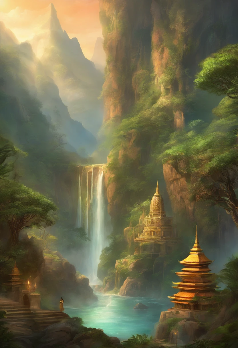 (Best quality, A high resolution, Ultra-detailed), surrealism, Realistic texture, Carved Buddha statues on cliff faces, palms。Harmonious integration with nature, Cinematic lighting, lifelike skin, depth and dimensionality, Divine aura, tranquil ambiance