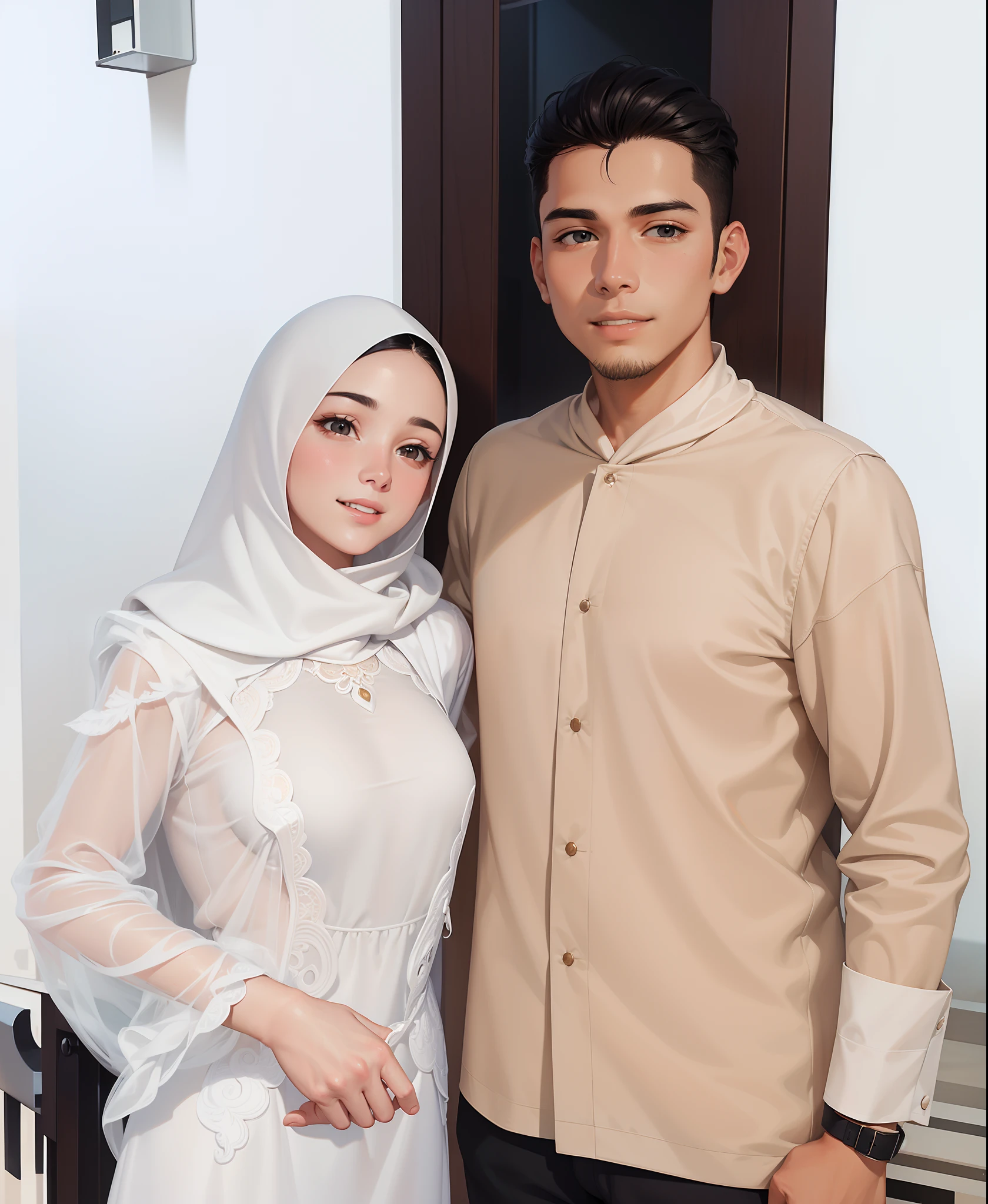 Attractive profile picture, masterpiece, ultra-precise rendering, beautiful and cool young man, trustworthy, dependable young man, savior of the world, simple design, most beautiful image, 4K, black hair, (muslin girl, white hooded, hooded girl, white dress, smiling), arabian face