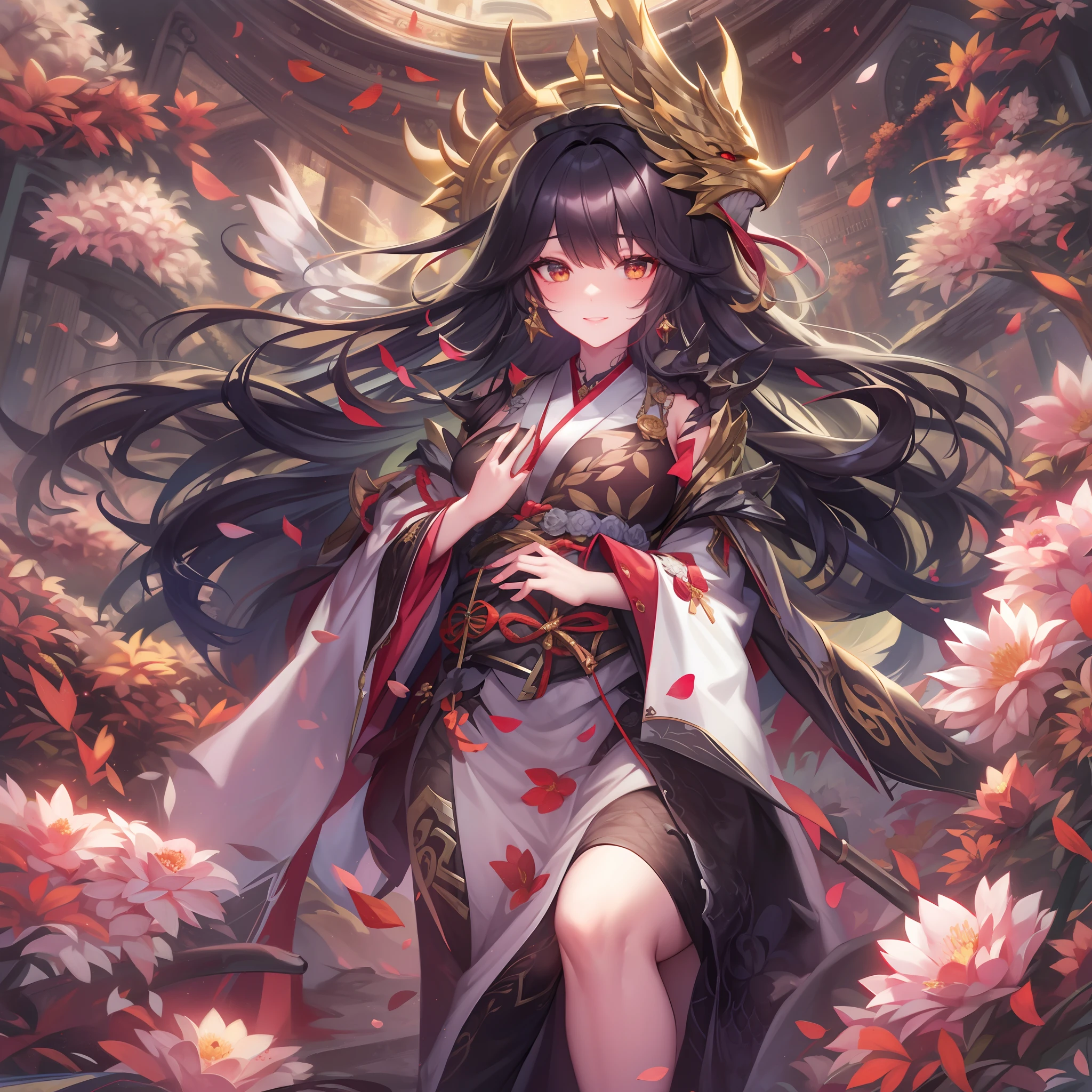 1girl in、nightcity、Sateen、Kimono without sleeves、A dark-haired、Holding a weapon with blood on it、Looking at the camera、Cherry blossoms are dancing，Unusually resistant、red blush、Looks distressed、Pleasant face、shrine maiden、valkyrie、Angel wings、a navel、sideboob barbosa、with an intricate、Particles of light、thighs thighs thighs thighs、shinny skin、Perfect litthing、1girl in、looking at the viewers、Winged headgear、pelvis curtain、A smile、(​masterpiece)、(top-quality)、Very gigantic-breasts、maternal、Porcelain Skin、Very long hair、hair wavy、Royal sister，femele，A queen，putting on a crown，There are a lot of golden lightning around，sitting in a throne，Bangs cover the eyes，Black Suspender Socks，Black Lace Top，，High jump，Grab Erlang's leg，，Black Silk Top，married woman，mothers，domineering，smil，The corners of the mouth are raised，Red and gold eyes，Black silk erotic underwear，Black top，Black Silk Gloves，I have a gorse tattoo on my chest and thigh，There are many golden dragon scales on the arms，There are many golden dragon scales on the neck，Bright eye，dragon eyes，Snake's Eye，Upright pupils，There are golden stripes on the clothes，There is a golden pattern on the clothes，The socks have a golden pattern，tall figure，Expose the outside of the chest，Twisted blade hanging over the shoulder，Larger breasts ，With elongated dragon horns，Giant Golden Dragon Wings，Giant Golden Dragon Wings，Huge golden dragon wings as big as a body，The body is covered with huge golden dragon wings，golden pupils，Just a pair of wings，large wings，The biggest dragon wings,The biggest dragon wings，There are golden scales on the neck，Fingers are golden dragon claws，The elongated tail of the golden dragon、1girl in、nightcity、Sateen、Kimono without sleeves、A dark-haired、Holding a weapon with blood on it、Looking at the camera、Cherry blossoms are dancing，Strong best quality, (Extremely detailed: 1.5), masutepiece, 超A high resolution,(photographrealistic:1.4), 1 beautiful girl, Cowboy Shot, (Wear battle armor:1.4), (Wear battle ar