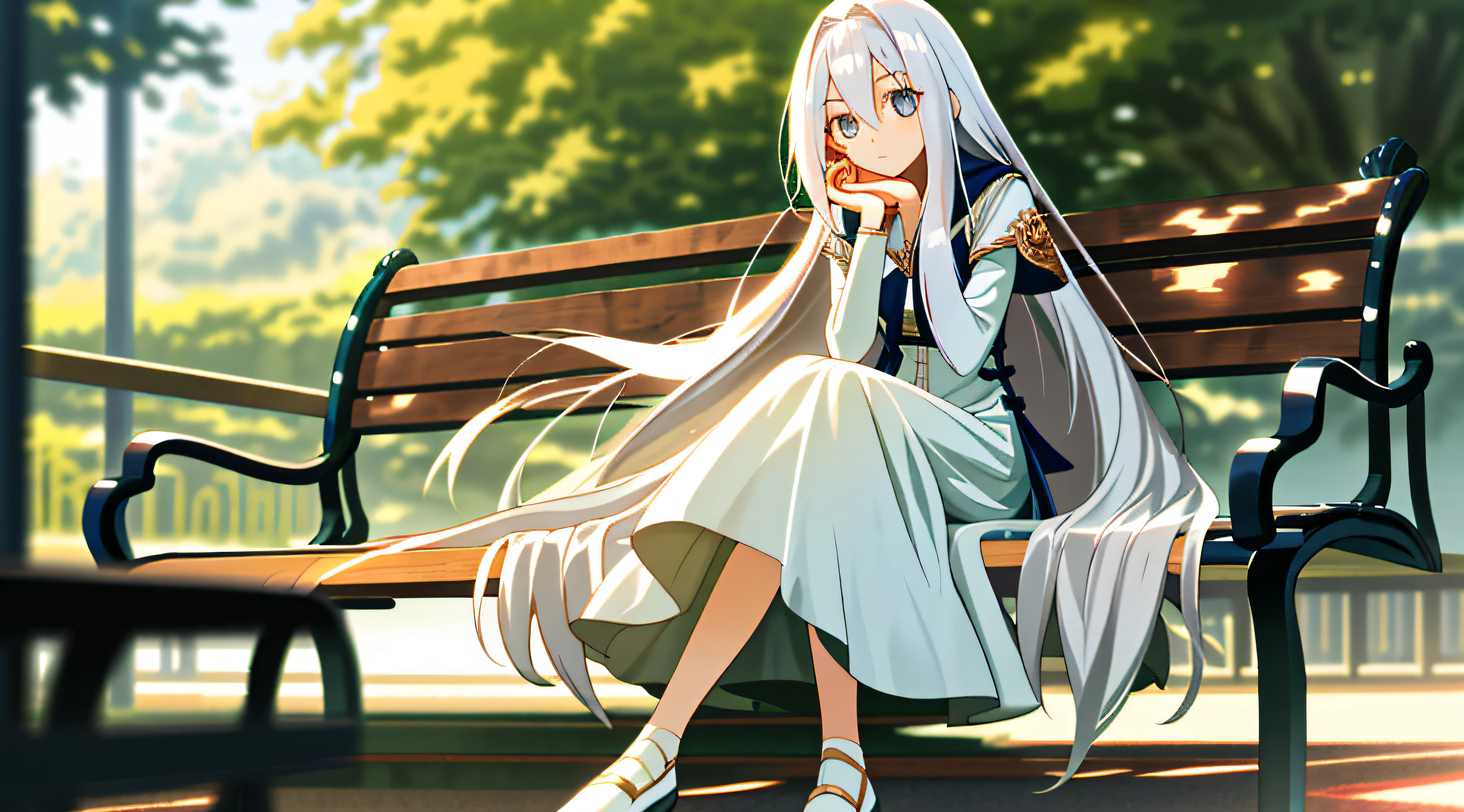 （tmasterpiece，best qualtiy），1 girl with long white hair，Anime girl sitting on bench，Legs crossed，her hand under her chin，warmly lit，white dresses，Blurred foreground