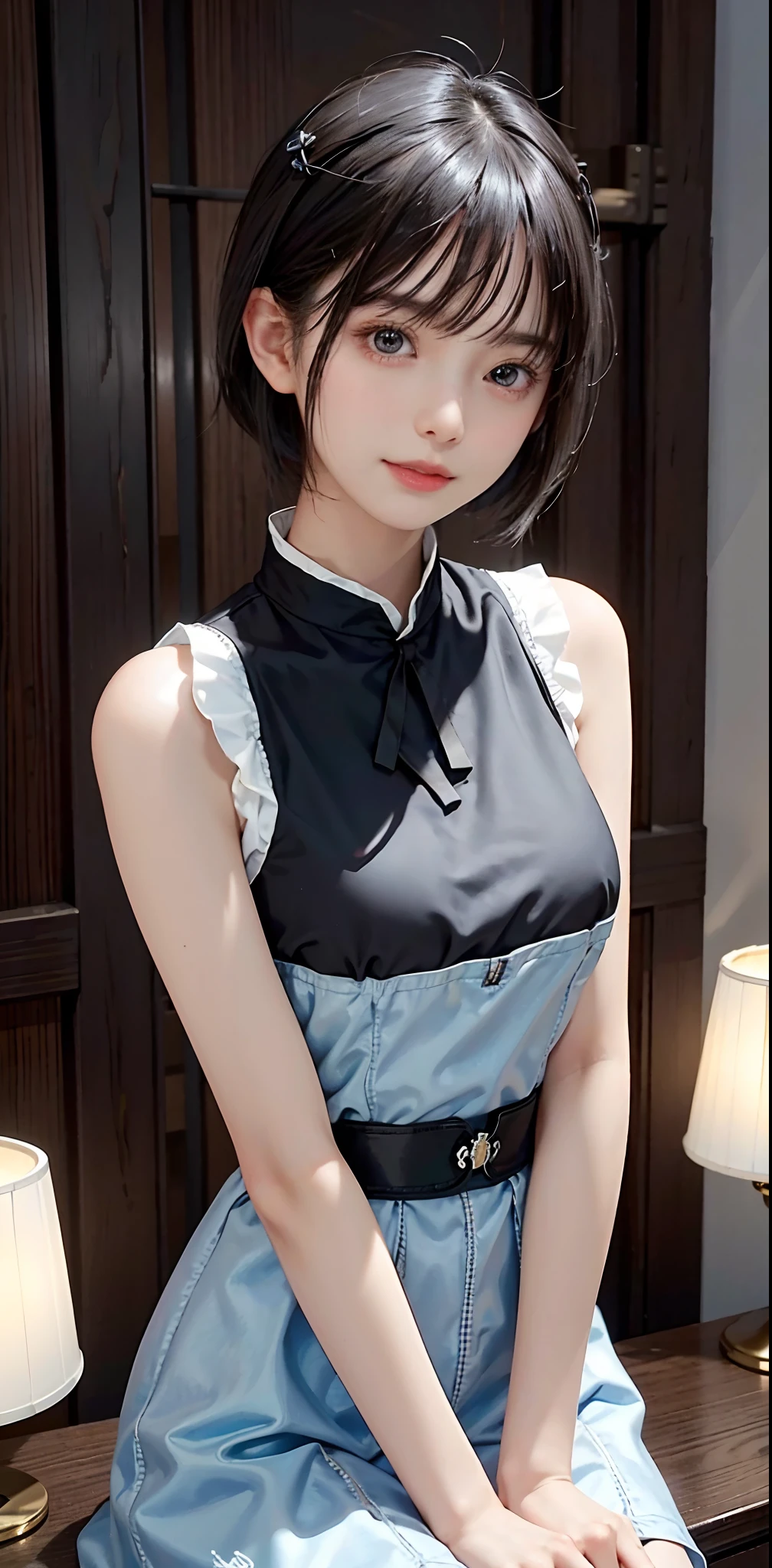 masterpiece, 1 beautiful girl, detailed eyes, puffy eyes, best quality, ultra high definition, (reality: 1.4), original photo, 1girl, cinematic lighting, Japan, asian beauty, korean, super beautiful, beautiful skin, slender, body facing front, (ultra-realistic), (high resolution), (8K), (very detailed), (best illustration), (beautifully detailed eyes), (ultra detailed) , detailed face, looking at the viewer, facing straight ahead, neat clothes, sleeveless, short hair, black hair, 46 points diagonal bangs, room based on white background tone, neat atmosphere, light smile