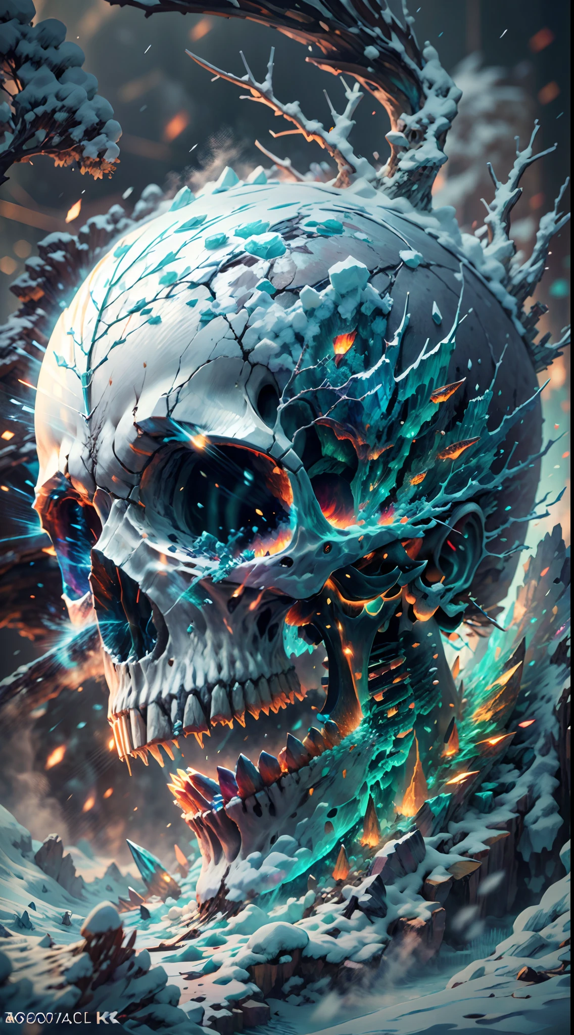 (best quality,4k,8k,highres,masterpiece:1.2), ultra-detailed,(realistic,photorealistic,photo-realistic:1.37), digital art, icy skull, open mouth, a snow ice mountain on the head of the skull as ahat, (snowy spike mountain on the head of the skull), super cool, digital medium, detailed cracks on the skull, frosty texture, hauntingly beautiful, surreal atmosphere, vibrant colors, dynamic lighting, sharp focus