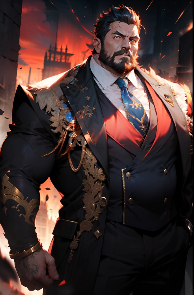 old man, (bara:2.0),admiral, thick body,fat,(ornate suit:1.5),long tie,luxury,devil crown,white beard,short white hair,handsome, sharp gaze, in cage,(red eyes: 2.0),big eyes, big bulge, standing, hide hands behind hip, hd quality, masterpiece, extremely detailed, looking to the viewer, perspective view, UHD, 64k, unreal.(highly detailed skin), (detailed face), detailed background, dark lighting, twilight lighting, volumetric lighting, intricate details, UHD, evil, corrupted, controlled by devil