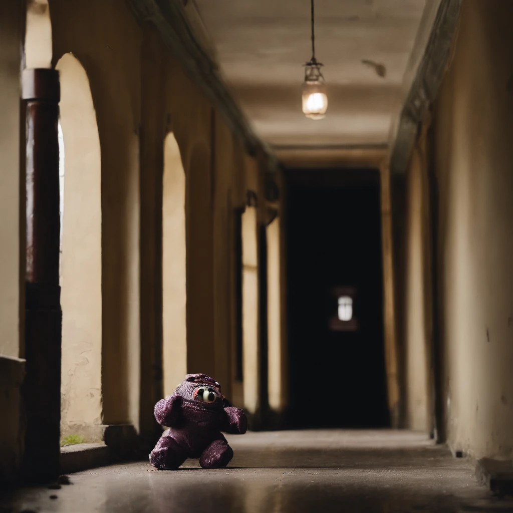 A humanoid monster made of candy runs to the camera, Perspectives, The monster is in an abandoned and dirty corridor, There were several people lying on the floor of the corridor, Horror movie style, Camera DSLR camera, A high resolution, 4K