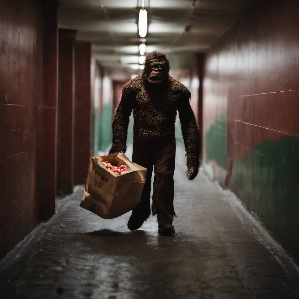 A humanoid monster made of candy runs to the camera, Perspectives, The monster is in an abandoned and dirty corridor, There were several people lying on the floor of the corridor, Horror movie style, Camera DSLR camera, A high resolution, 4K