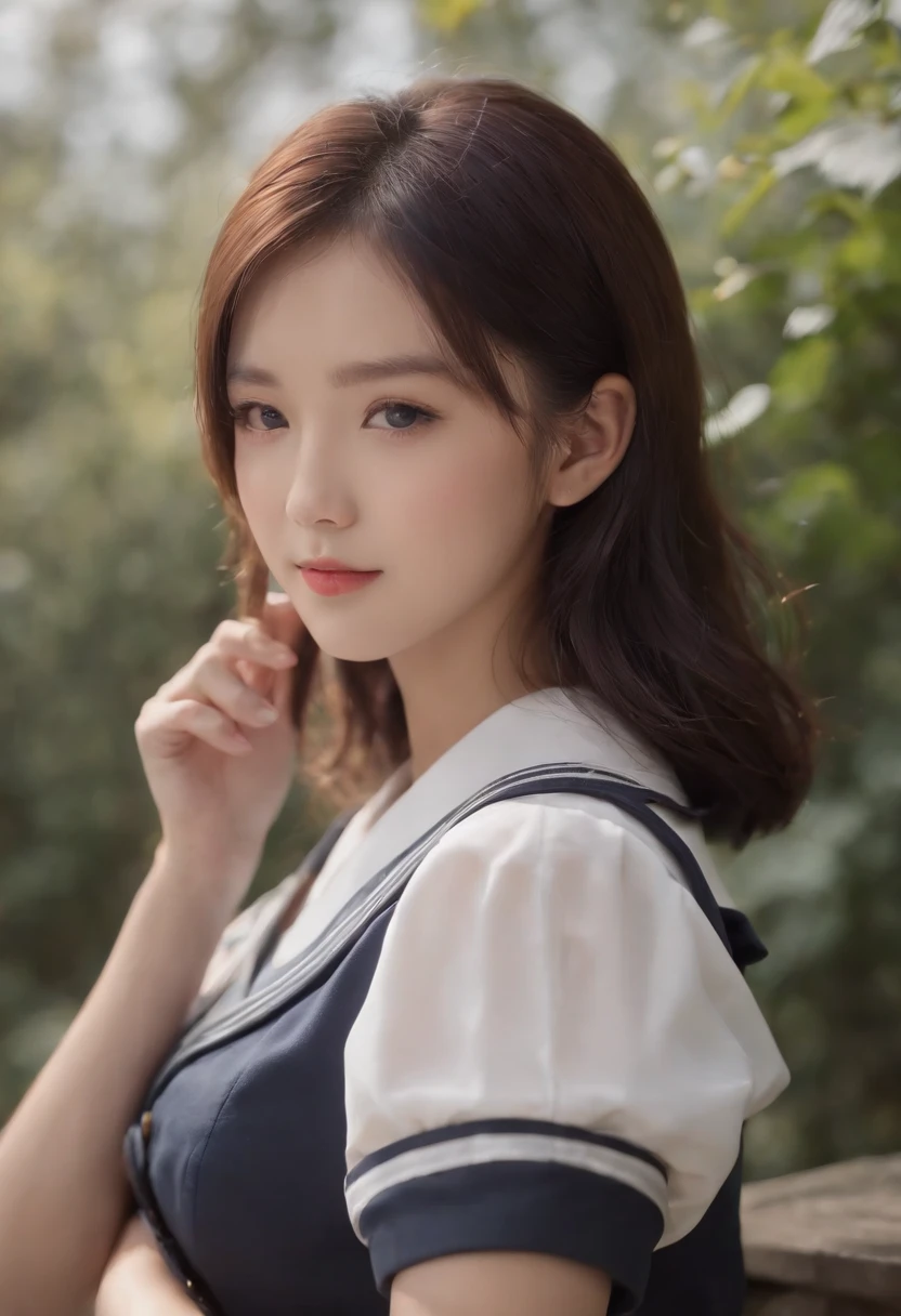 (8K、Raw photography、top-quality、​masterpiece:1.2)，(realisitic、Photorealsitic:1.37)，ultra-detailliert， high resolution，see the beholder，beautifull detailed face，A smile，Constriction，(Slim waist) :1.3)，Beautiful detailed skin,Skin Texture，Professional Lighting，upper body，a black short hair，japanese hight school uniform，hi-school girl，japanese hight school uniform，hi-school girla ，sailor suit，Bob Hair