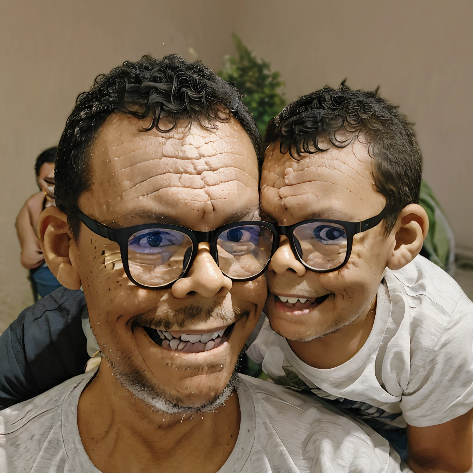 Create a gripping Studio Ghibli-style illustration that depicts the deep bond between a happy man, who wears glasses, e seu sorridente filho de 3 anos, who also wears glasses, enquanto compartilham um momento amoroso juntos. A cena deve exalar calor e afeto paterno. Pay meticulous attention to detail, bringing out the emotional connection between father and son. Render this illustration in a hyper-detailed style that captures the essence of the Ghibli aesthetic.