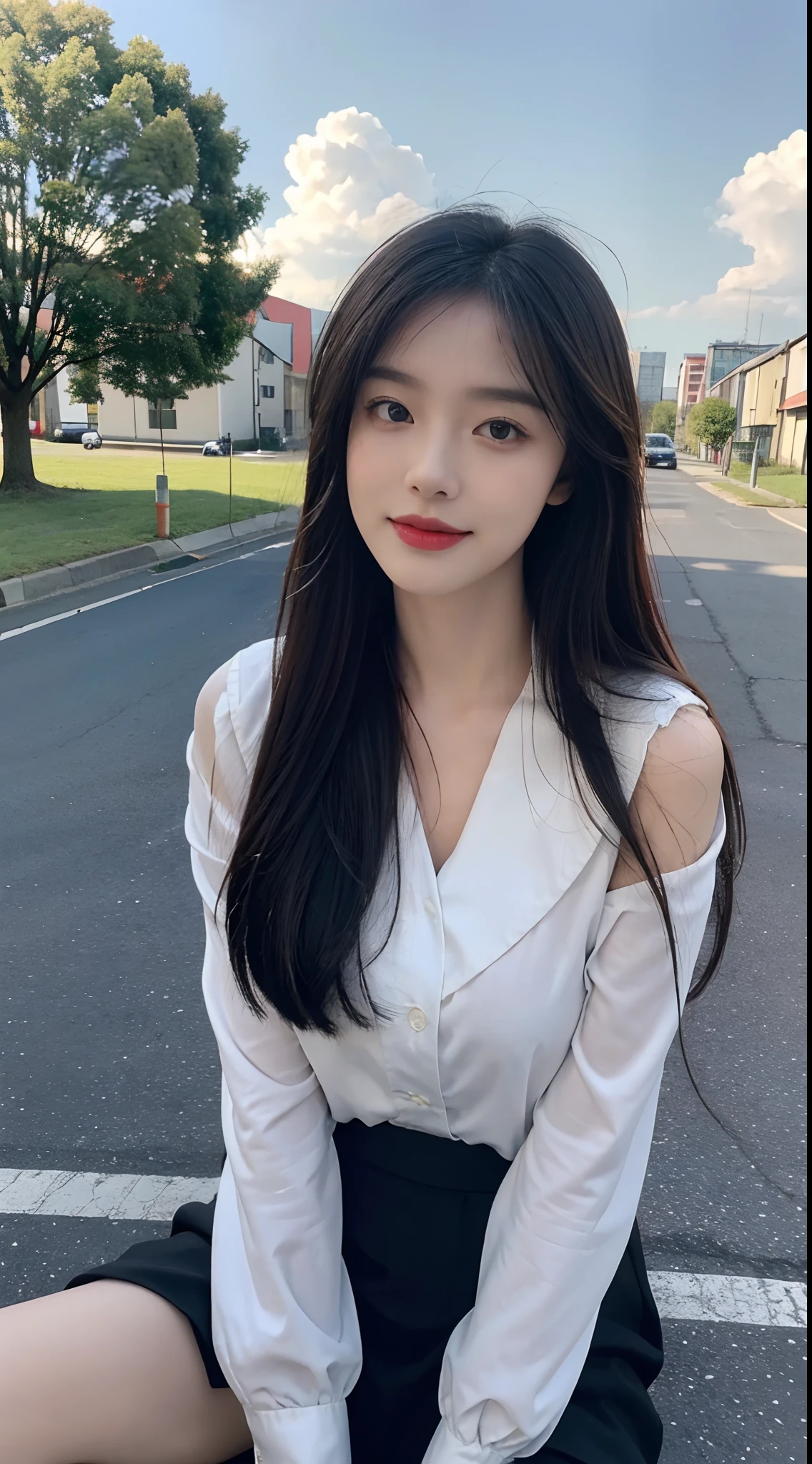 ((Best Quality, 8K, Masterpiece:1.3)), A beautiful girl, pure, melon face, gentle and cute, sweet smile, pure desire, thin figure, (frontal), (tilted head), looking directly at the camera, uniform, obi, formal, black silky long straight hair, long hair flowing over the shoulders, round black big eyes, clear big eyes, moist red lips, sweet, sitting on the side of the road, blue sky and white clouds, grass, buildings,