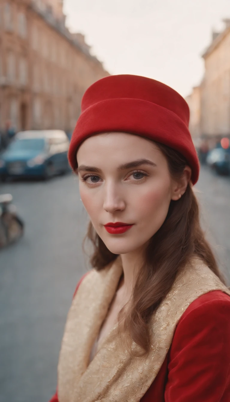 wes anderson style photo, 35mm film, girl dressed in red with blue shoes and hat, golden light, serene faces, distinctive noses, cityscape photographer,half body shot,
