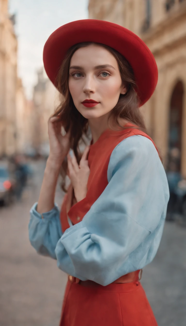 wes anderson style photo, 35mm film, girl dressed in red with blue shoes and hat, golden light, serene faces, distinctive noses, cityscape photographer,half body shot,