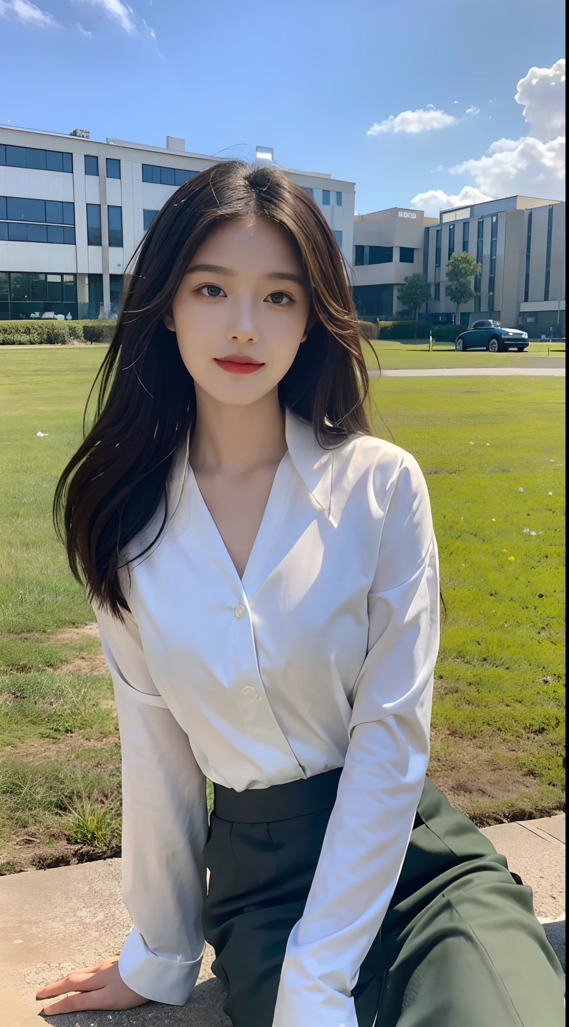 ((Best Quality, 8K, Masterpiece:1.3)), A beautiful girl, pure, melon face, gentle and cute, sweet smile, pure desire, thin figure, (frontal), (tilted head), looking directly at the camera, uniform, obi, formal, black silky long straight hair, long hair flowing over the shoulders, round black big eyes, clear big eyes, moist red lips, sweet, sitting on the side of the road, blue sky and white clouds, grass, buildings,