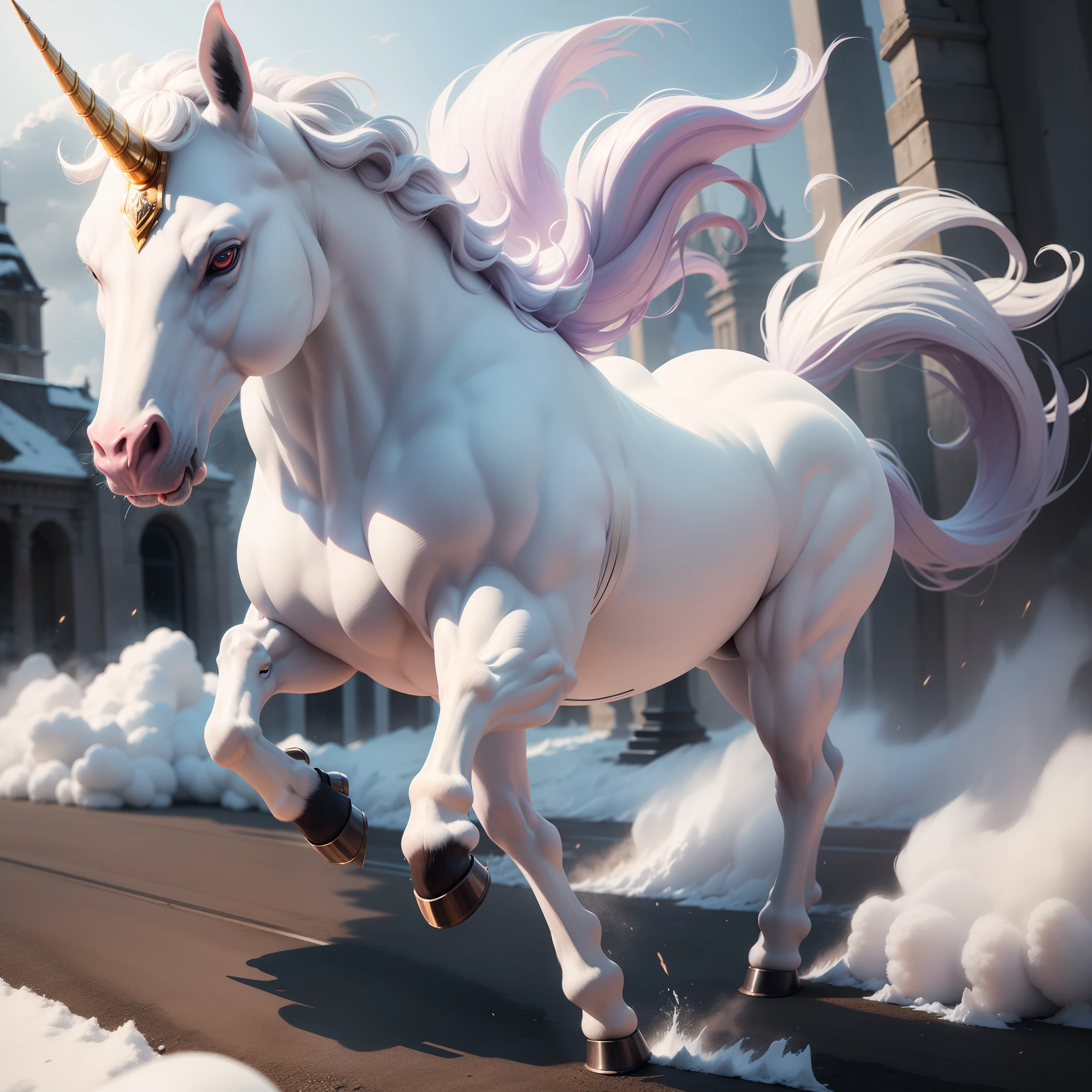 masutepiece, Super Detail, High quality, awardwinning, 8K, Powerful Unicorn, Solo, Running, More than the size of a horse, The body is all white, Paws are all white, the eyes are dark blue, Fierce, Powerful, brave, Fast runner, Like in a fantasy movie, Mysterious