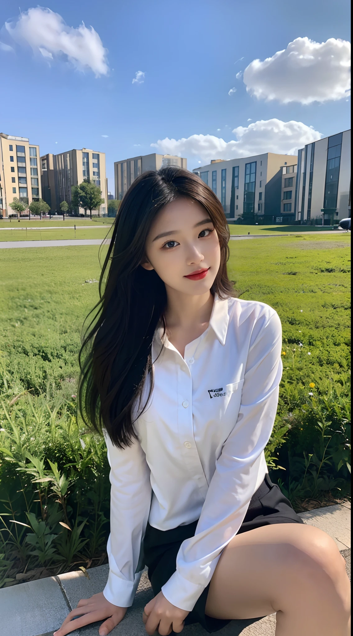 ((Best Quality, 8K, Masterpiece:1.3)), A beautiful girl, pure, melon face, gentle and cute, sweet smile, pure desire, thin figure, (frontal), (tilted head), looking directly at the camera, uniform, obi, formal, black silky long straight hair, long hair flowing over the shoulders, round black big eyes, clear big eyes, moist red lips, sweet, sitting on the side of the road, blue sky and white clouds, grass, buildings,