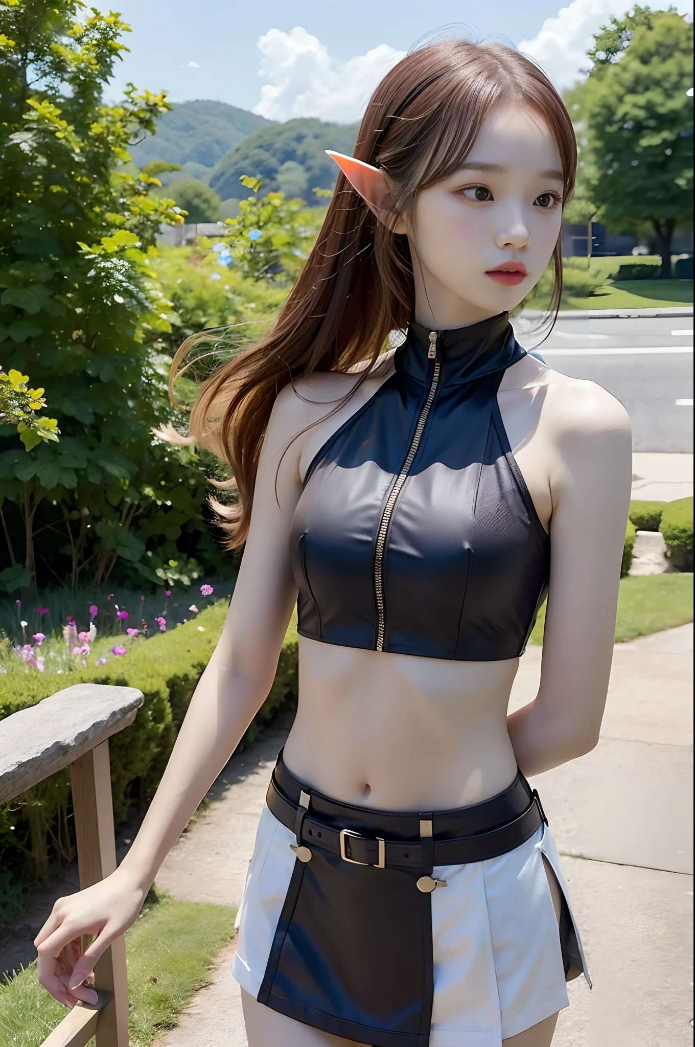 1 girl, full body view, kim chaewon as a sexy elf archer, kim chaewon in a fantasy city, kim chaewon is a petite young archer girl, kim chaewon, petite girl, small breast, petite figure, long hair, sexy archer suit, tight short skirt, exposed, midriff exposed, small tits, ((thin-waist)), a small face