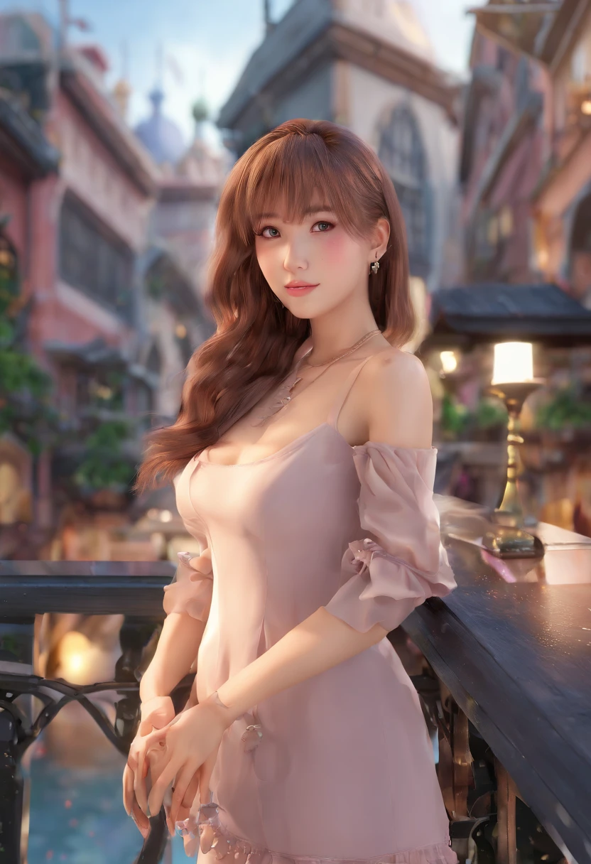 ((Best picture quality, 8K, tmasterpiece: 1.3)), self-shot, Sharp focus: 1.2, A cute beauty with a perfect figure: 1.4, Slim big breasts, ((Brown hair black)) , (Small flesh-colored dress,Highly detailed face,Happy expression,standing on your feet:1.2),((Night view of the rainy city,balcony simple:1.3. Produced with a major focus on women)),Highly detailed facial and skin texture,Detailed eyes,二重まぶた