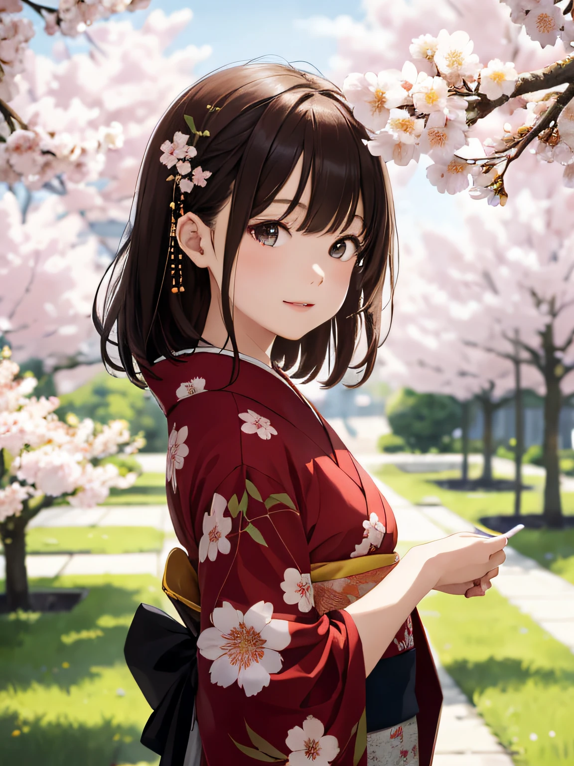 springtime,beautiful Girl(1girll:1.3),A high resolution,ultra - detailed,SakuraNS,the cherry trees,red kimono,Noon time,And focus on the subtle details and atmosphere of the scene。