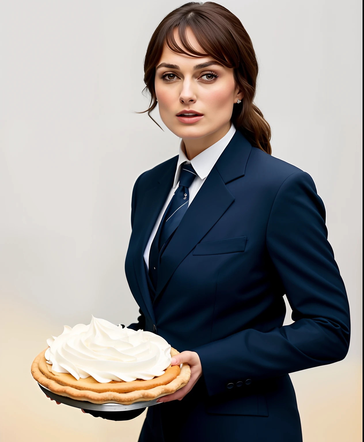 there is a woman in a suit holding a pie with whipped cream on it, kiera knightly, kiera knightley, keira knightley, girl in suit, girl in a suit, wearing a strict business suit, promotional image, wearing headmistress uniform, promotional images, promotional portrait, ( waitress ) girl, promo image, in strict suit