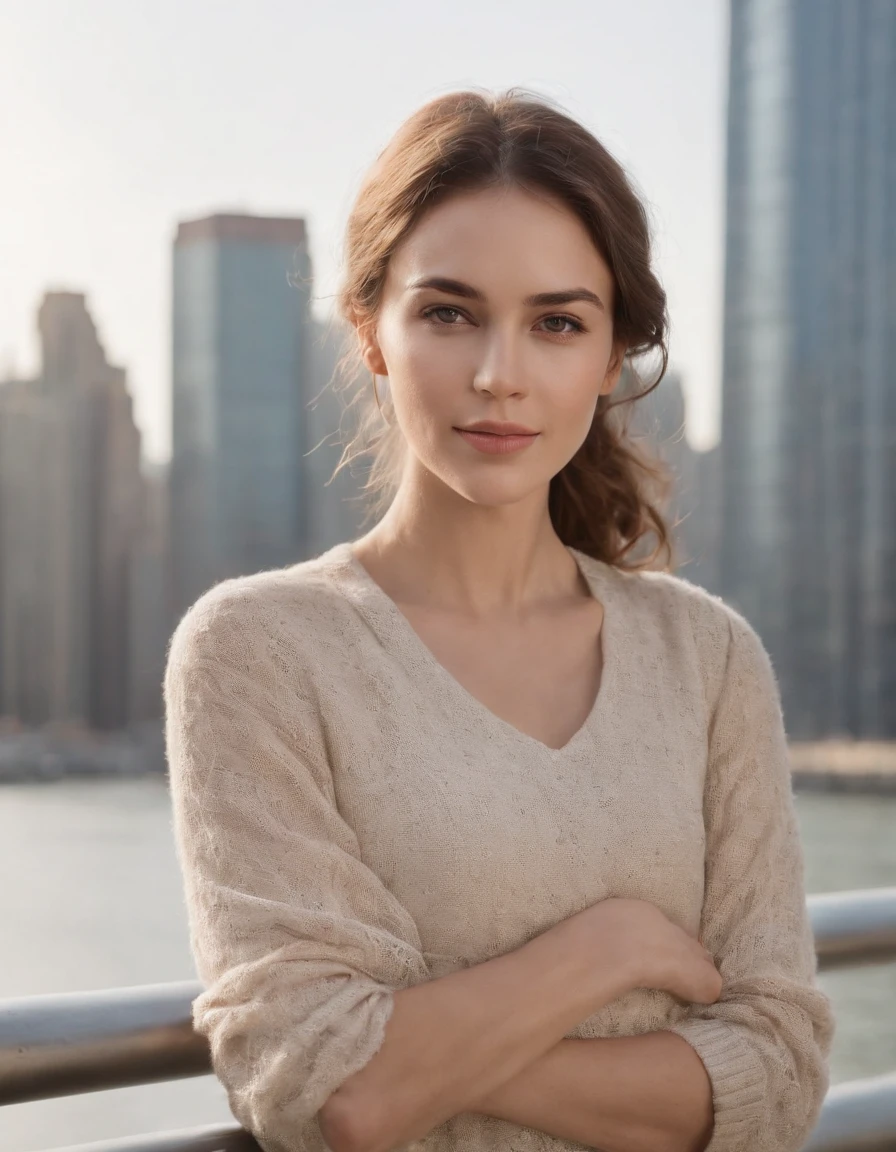 young woman relaxing on a bridge as she walks past the skyscrapers while having fun in the city, in the style of light white and light brown, julia pishtar, distinct facial features, lighthearted, hasselblad h6d-400c, close up, joyful and optimistic,half body shot,