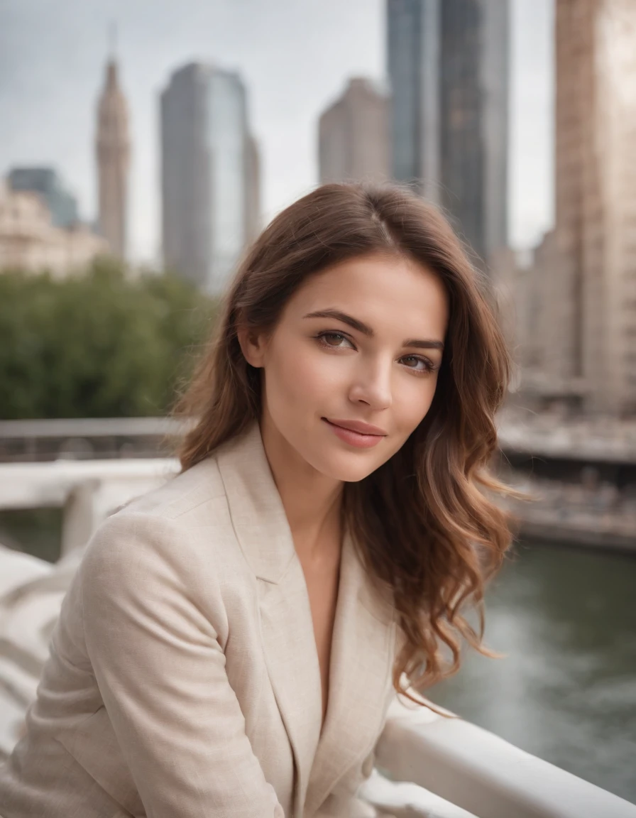 young woman relaxing on a bridge as she walks past the skyscrapers while having fun in the city, in the style of light white and light brown, julia pishtar, distinct facial features, lighthearted, hasselblad h6d-400c, close up, joyful and optimistic,half body shot,