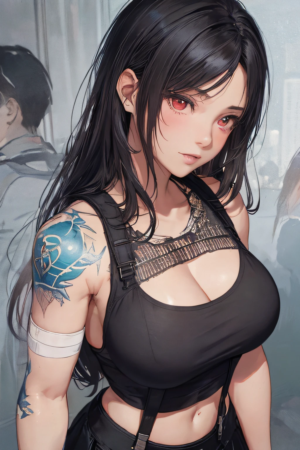 8k,masterpiece, bset quality,big, (1 girl), tifa lockhart, red_eyes, black hair, long hair, professional lighting, (shiny skin: 1.2), shiny big, ((best quality)), sharp focus: 1.2, highly detailed face and skin texture, detailed eyes, perfect face, perfect body, blur art, cg, background, Big breasts, presence (20yo, mature cool and beautiful face), wearing ((suspender black skirt), black elbow gloves, white taut shirt, thigh, white tank top), blush, (mittgal), random pose, top view,