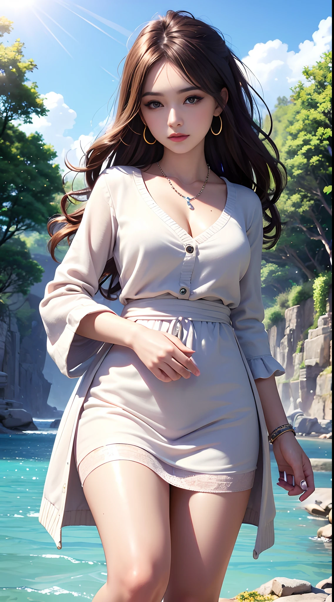 A beautiful beauty, ((cute round face: 1.5)), long hair, black hair, ((big eyes: 1.5)), long eyelashes, pout, small mouth, thick lower lip, round chin, necklace, slightly chubby plump, legs are visible,deep V, thin waist, sexy, white floral dress, cardigan, pearl round jade, background is alpine smoke, flowing water, surrounding flowers and trees, blue sky and white clouds, sunlight, texture realistic, high quality, HD, high resolution