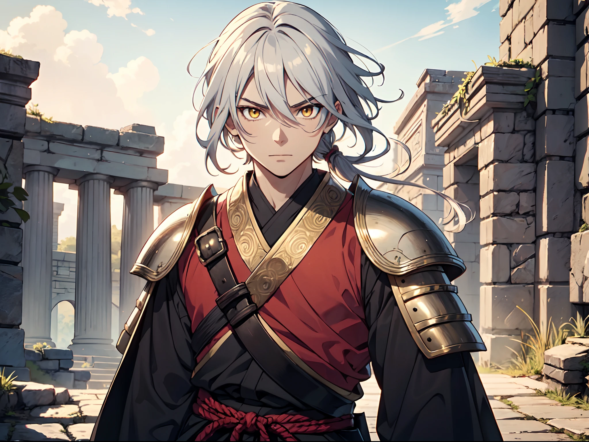 1 boy, Kingdom anime, equipped with Samurai armor, equipped with a spear, ultra high definition, 8k, handsome,black and yellow pupil eyes, long white hair, ancient kingdom background