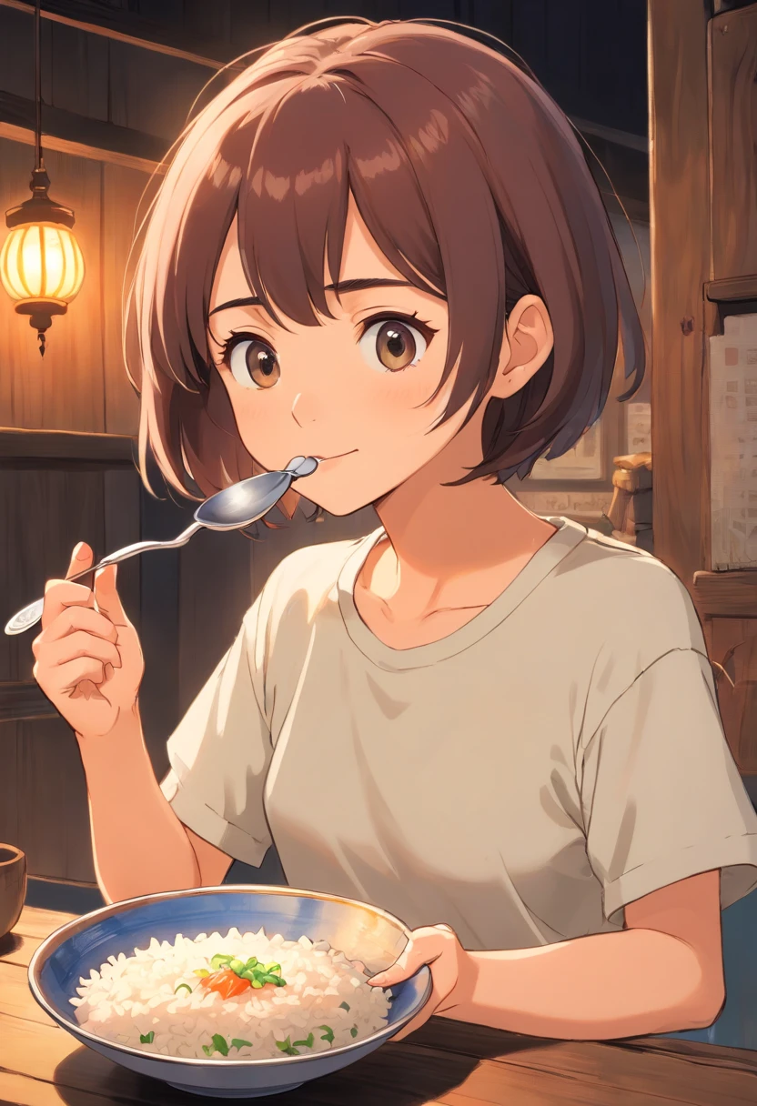 Young woman with short hair Japan、Eating rice with a spoon、slender、tshirts、