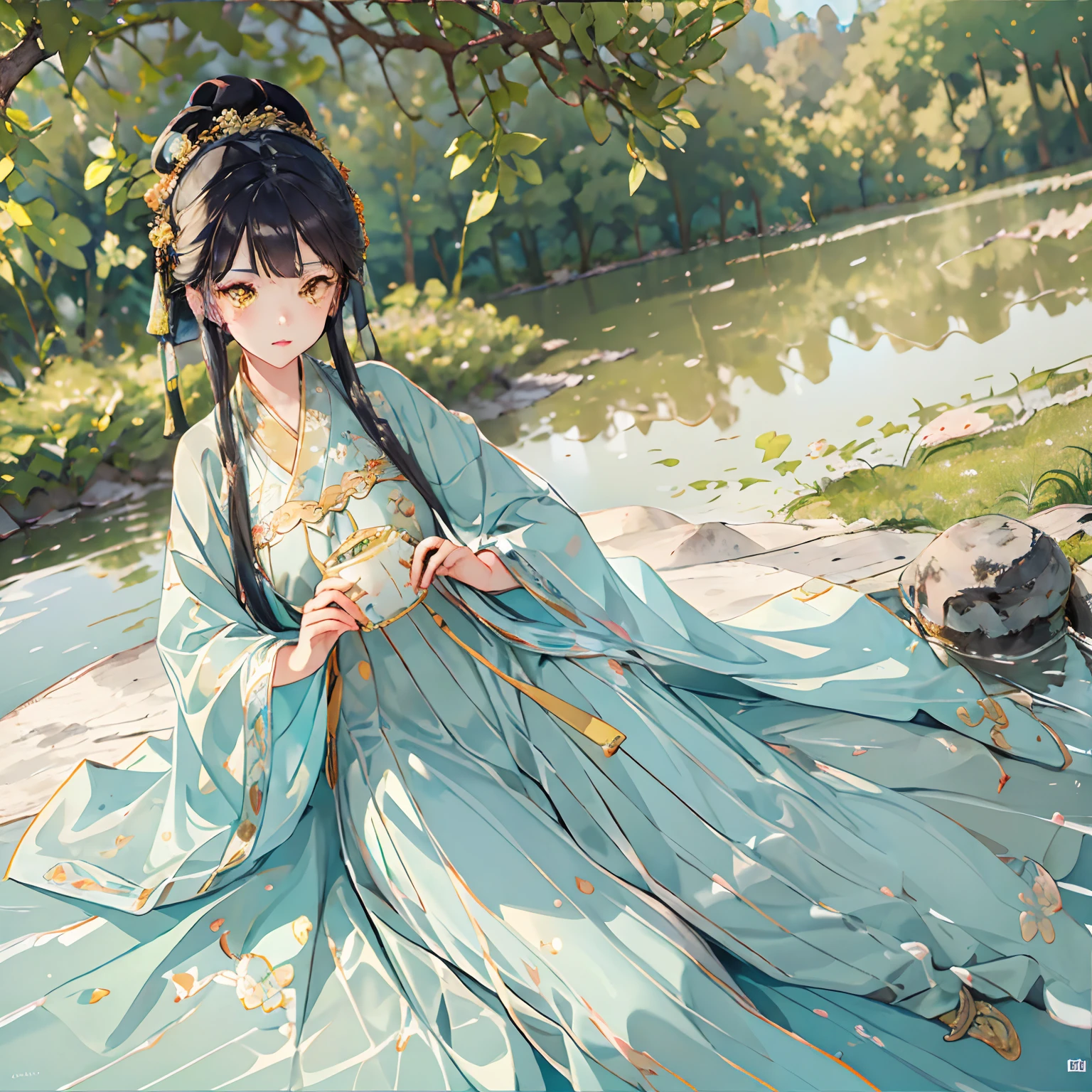 best quality, intricate details, highres,(beautiful detailed water:1.4),(hanfu, tang style),yellow eyes,(1girl in glass jar:1.1),