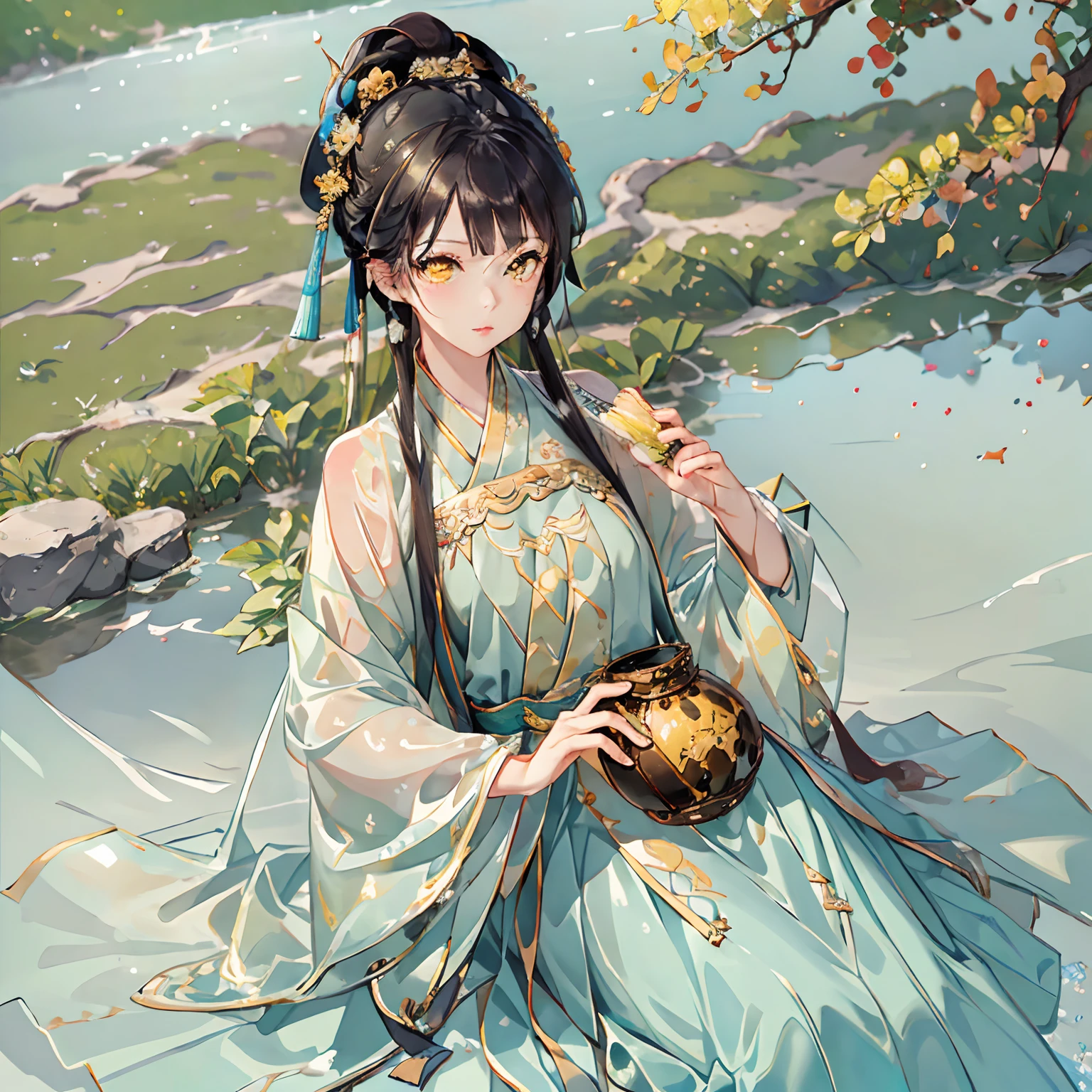 best quality, intricate details, highres,(beautiful detailed water:1.4),(hanfu, tang style),yellow eyes,(1girl in glass jar:1.1),