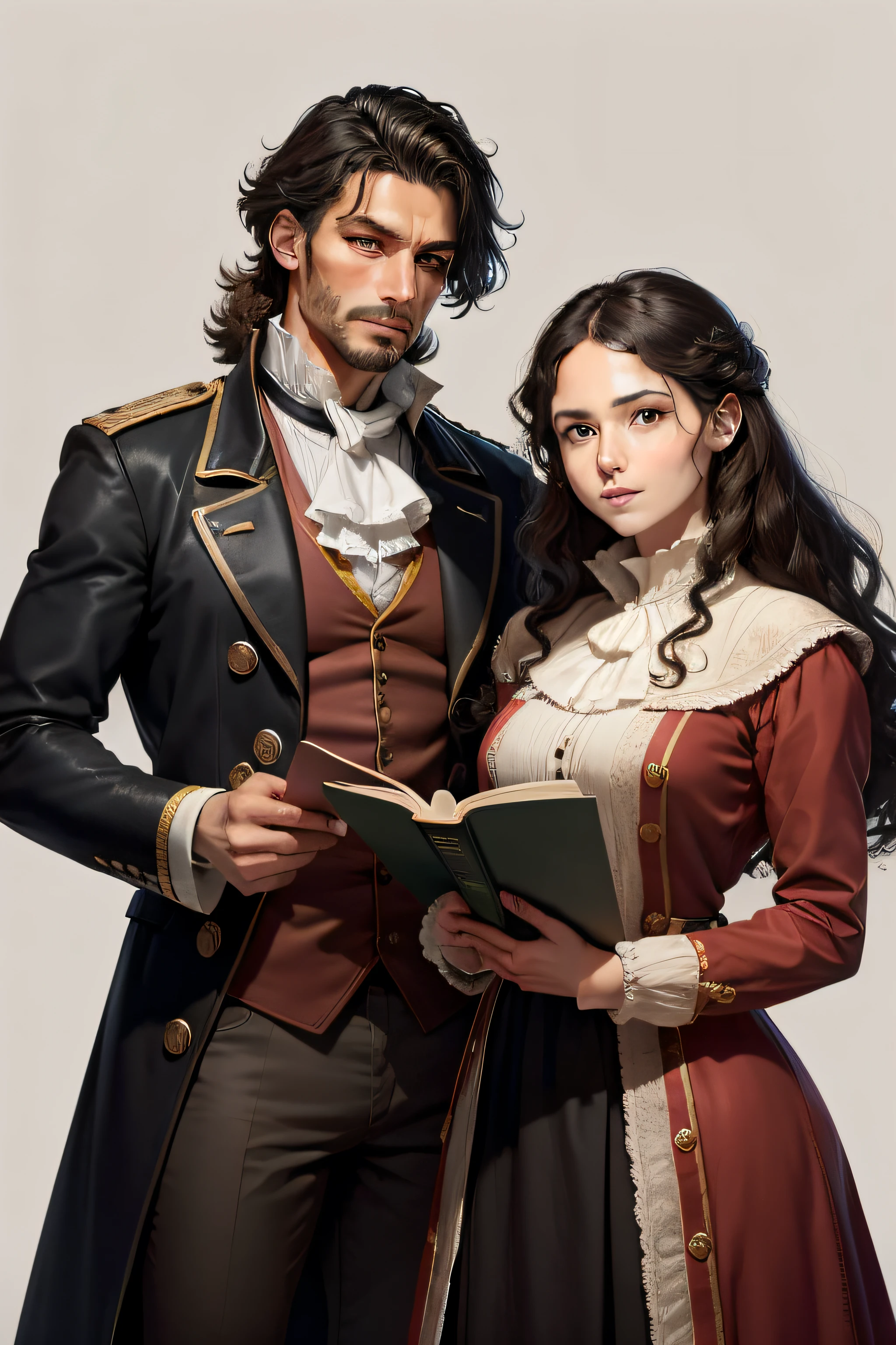 The Spanish Revolutionary 1790, homem de 20 anos, robusto, curly black hair and 18 year old girl, era casal, various poses and expressions on white background, Historical novel book illustration style, simples, cabelos castanhos compridos, veste simples, cores claras, encontraram um livro velho na biblioteca da casa, este livro tinha recortes de jornais dentro com uma carta no interior, Eles ficam muito felizes com estas cartas