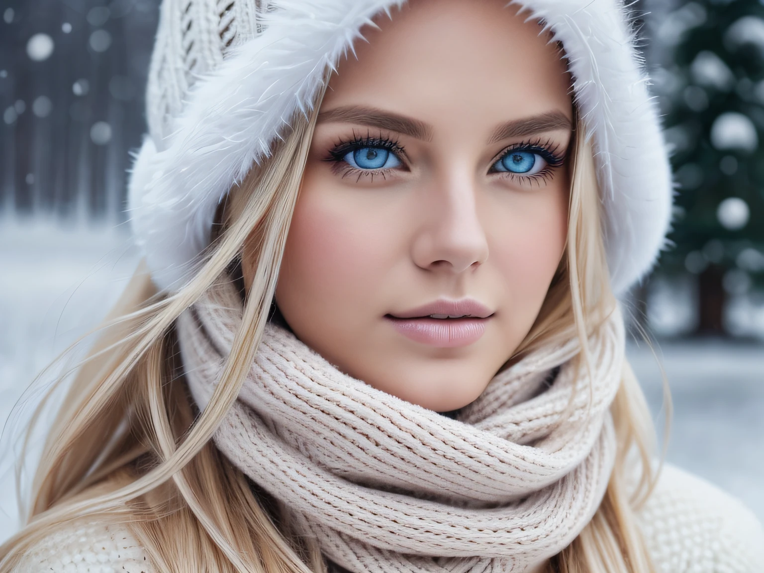 blonde model,winter season,beautiful detailed eyes,detailed lips,realistic,photography,studio lighting,portrait,feminine,winter fashion,soft colors,cold atmosphere,snowy background,captivating gaze,high resolution,high quality,8k,ultra-detailed,copy space on the side.