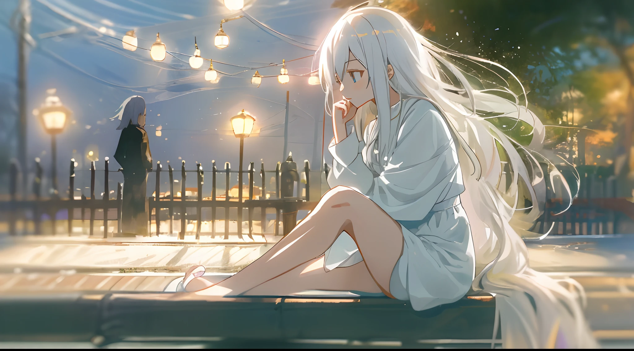 (tmasterpiece,best qualtiy),1 girl with long white hair,Anime girl sitting on bench,Legs crossed,her hand under her chin,warmly lit,white dresses,Blurred foreground