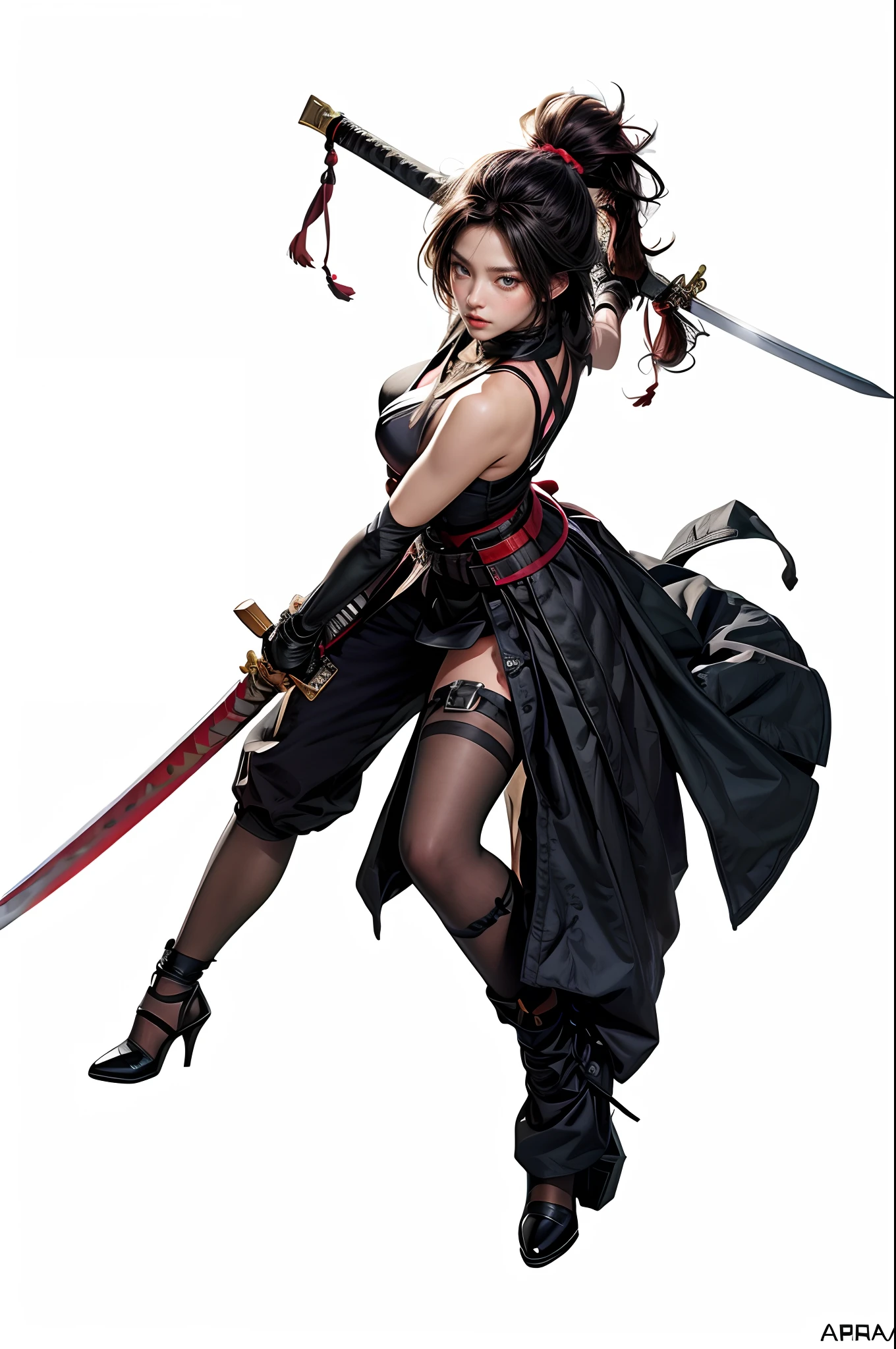 Sexy girl, warrior, in sexy armour, holding katana or spear in hand, wearing sexy dress, lingerie, corsait, stockings, lace stockings, garter belt, heels, high boots, long gloves, choker, heavy makeup, vivid lipstick, full body shot, picture from head to toes, palace chambers background