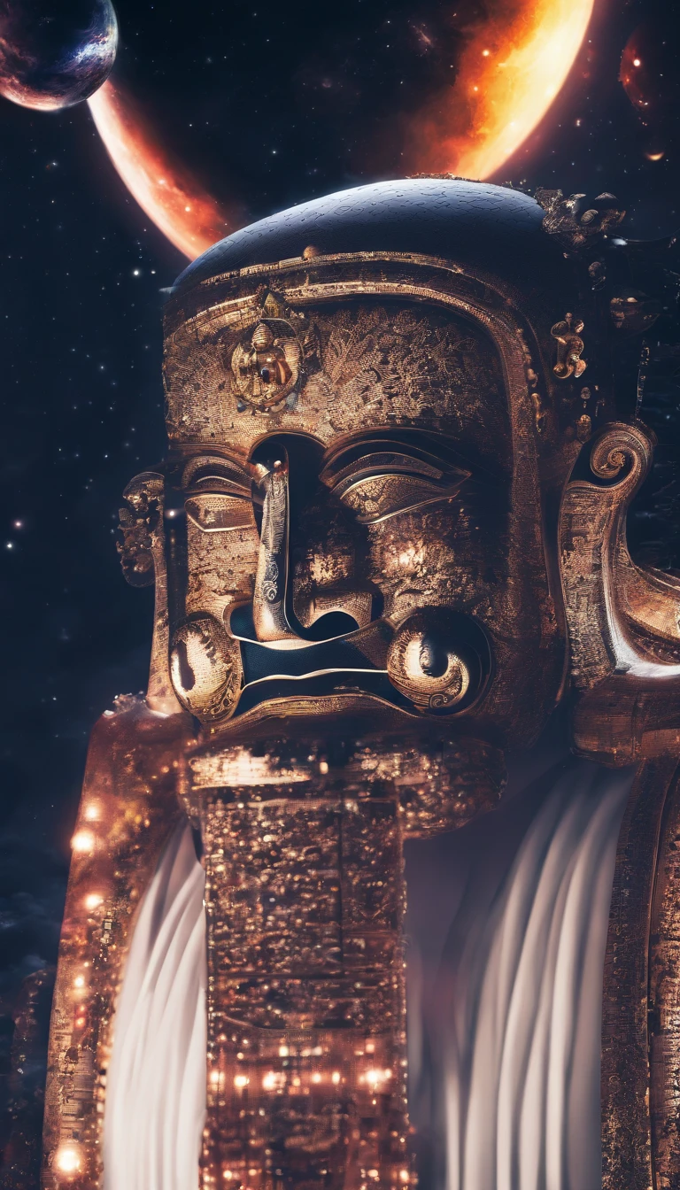 China-style，In the universe, The huge Maitreya Buddha statue stands in space，Gaze at the earth，Standing Buddha statue，with light glowing，Glow effects，Pilgrims on the road，Hyper-realistic，Ultra photo realsisim，Real Photographics，8K，High definition，high qulity，Works of masters，super-fine，Chinese black and white ink style，（（（white colors））），Decolorization，Smudge，ink，8K，super-fine，high qulity，（（（OC renderer）））